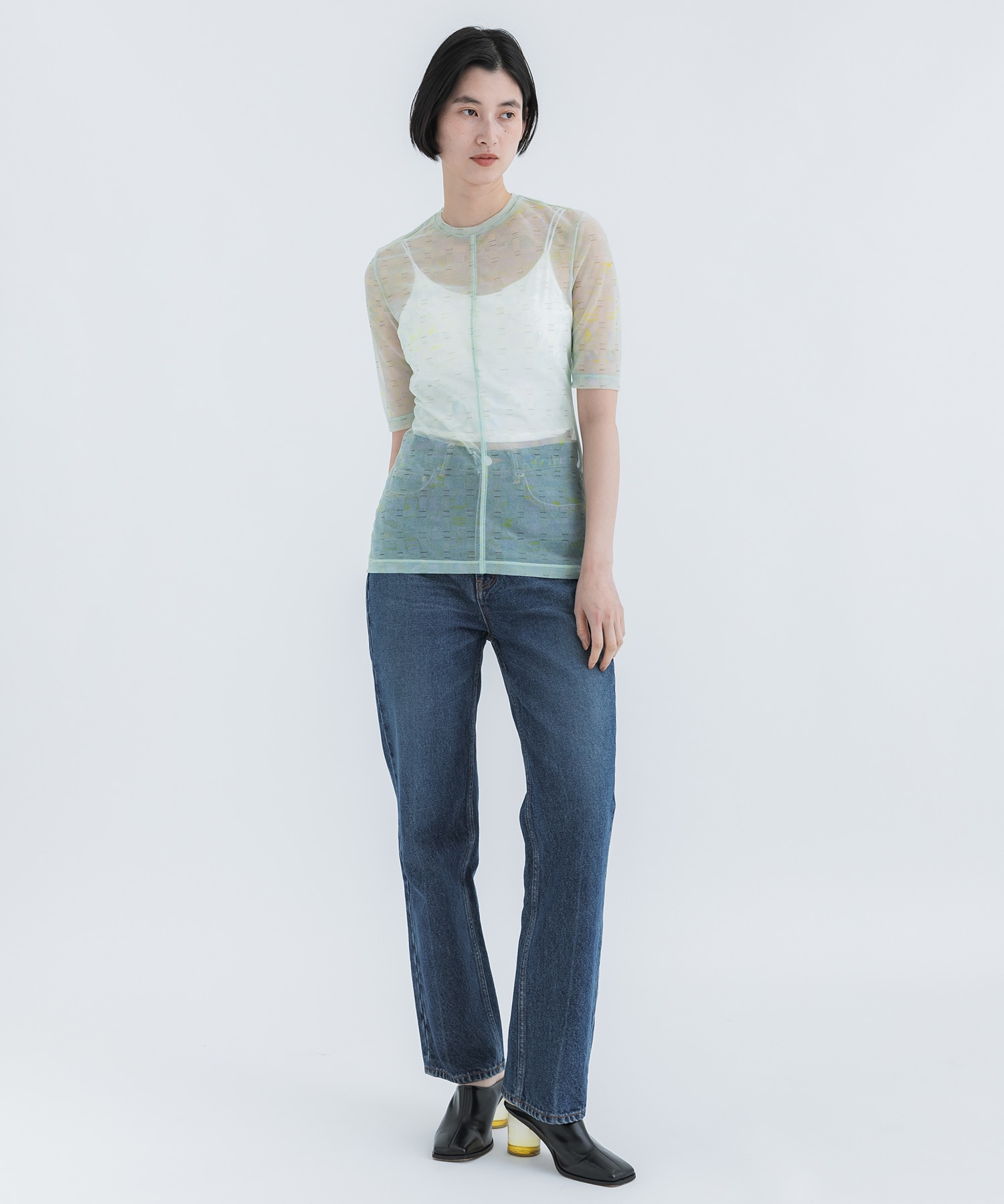 Marble Printed Plaid Sheer Crew Neck Top Mame Kurogouchi