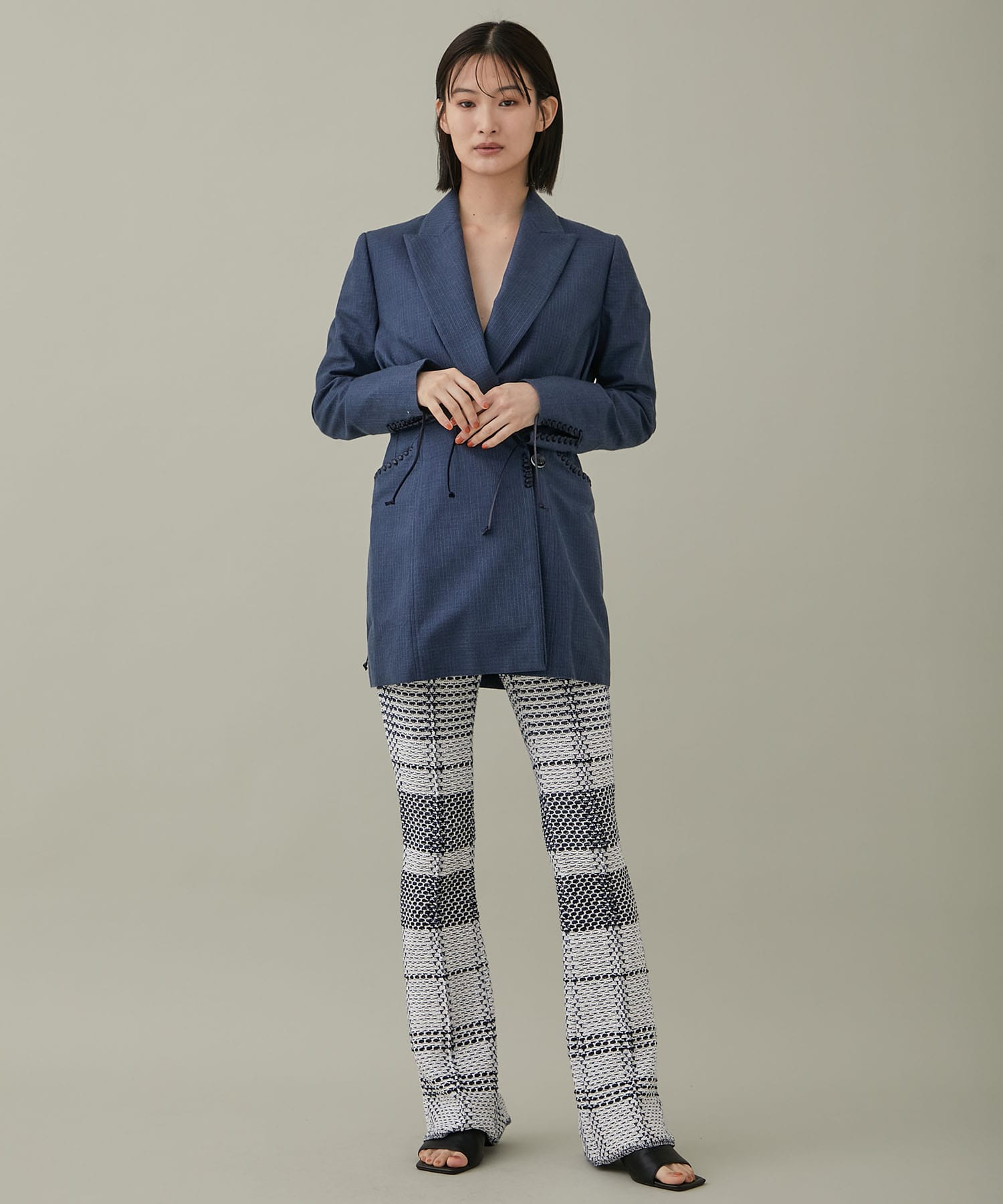 Geometric Silk Cotton Jacquard Double Beasted Jacket(1 NAVY): Mame