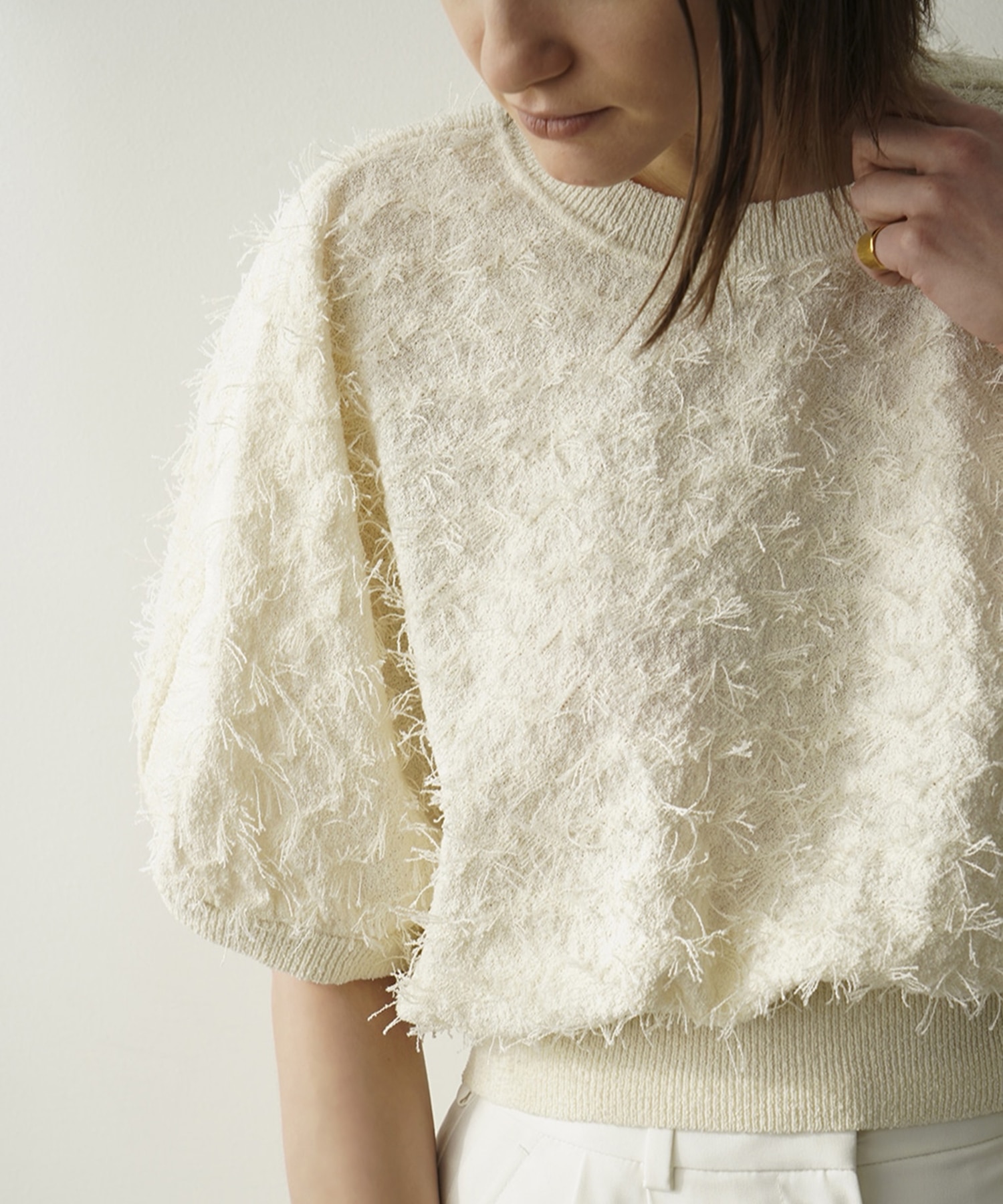 FRINGE ARCH SLEEVE KNIT TOPS(1 WHITE) CLANE WOMENS｜ STUDIOUS ONLINE公式