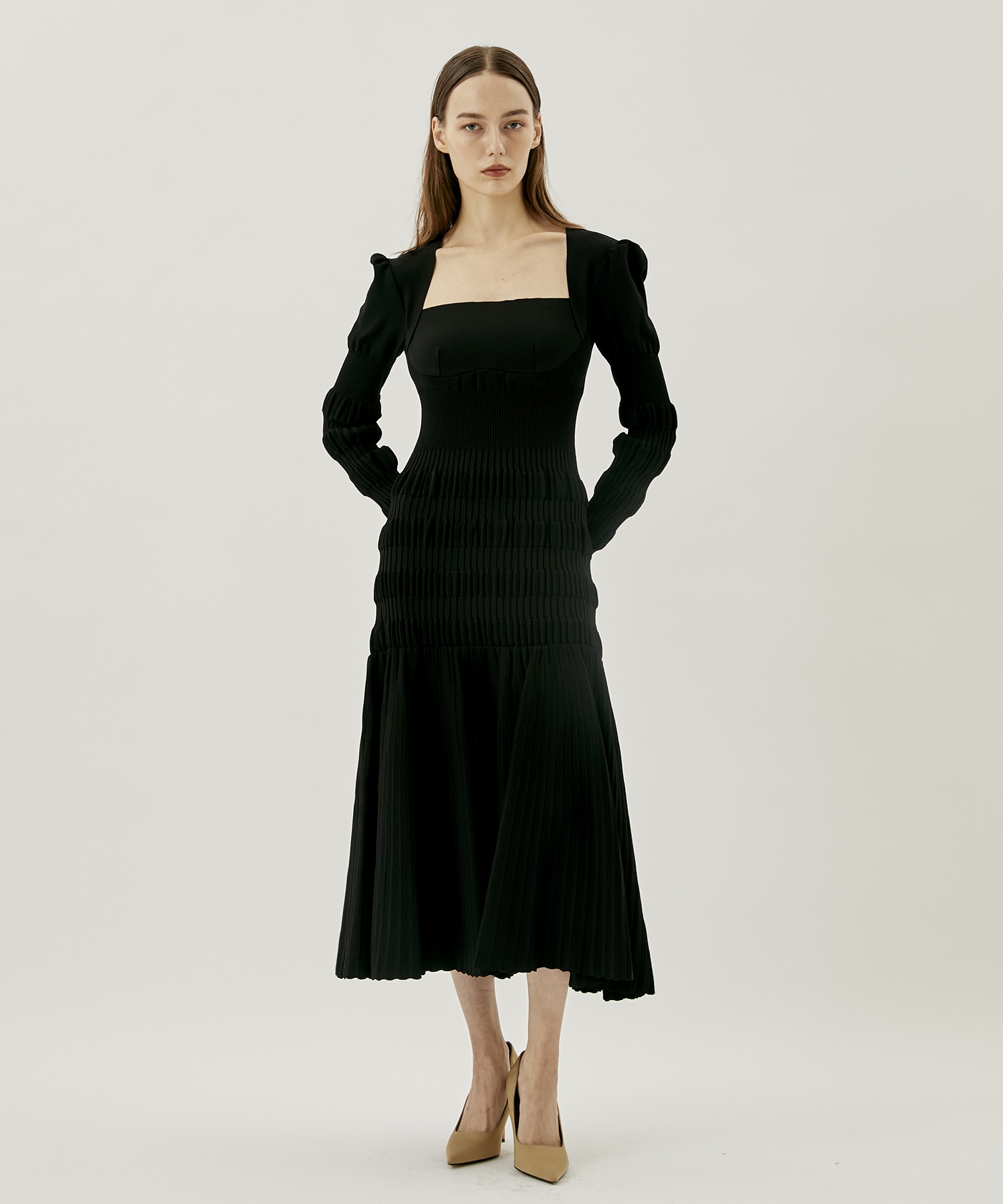 FETICO STRIPE RIB KNIT DRESS BLACK - ロングワンピース/マキシワンピース