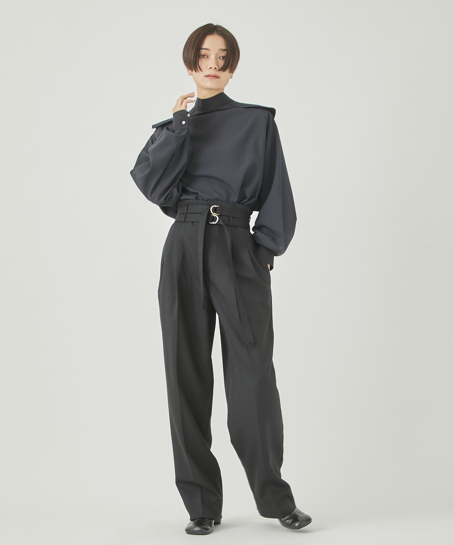 BLACK FORMAL DOUBLE BELT TWO TUCK PANTS CINOH