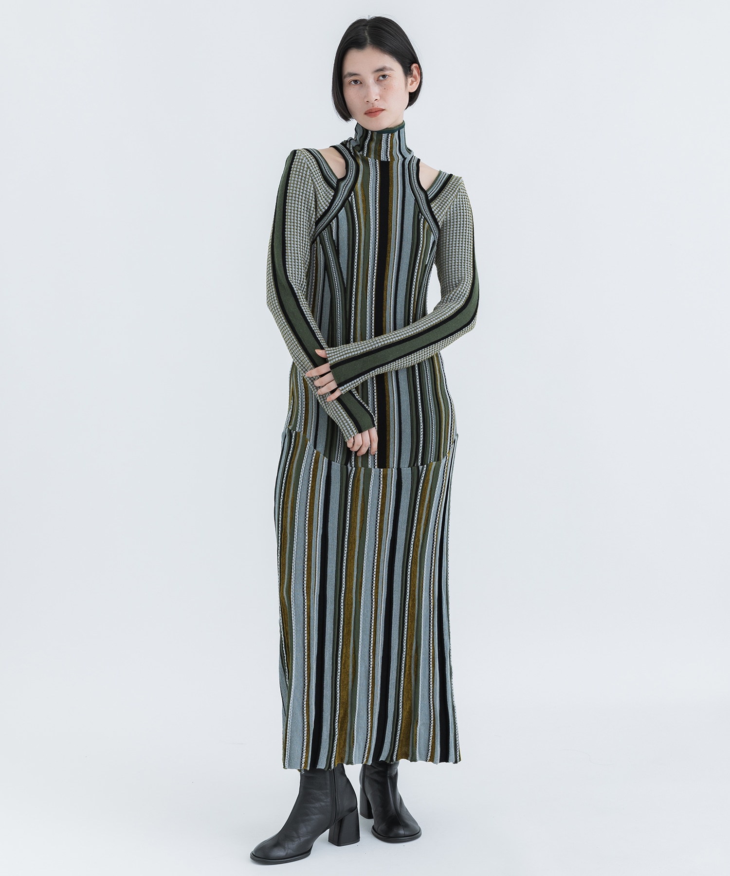 Stripe Jacquard High Neck Knitted Dress(1 KHAKI): Mame Kurogouchi