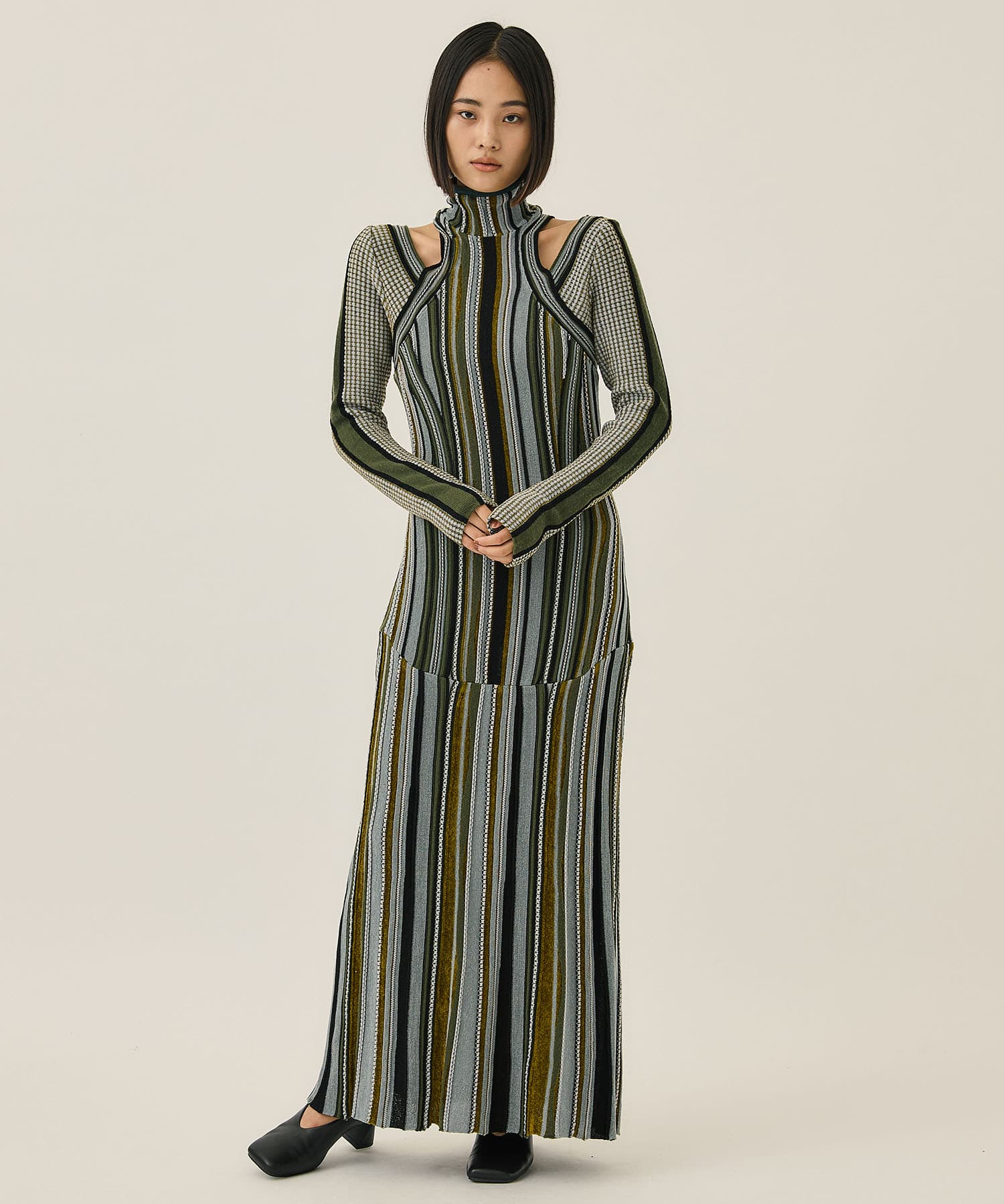 Stripe Jacquard High Neck Knitted Dress(1 KHAKI): Mame Kurogouchi