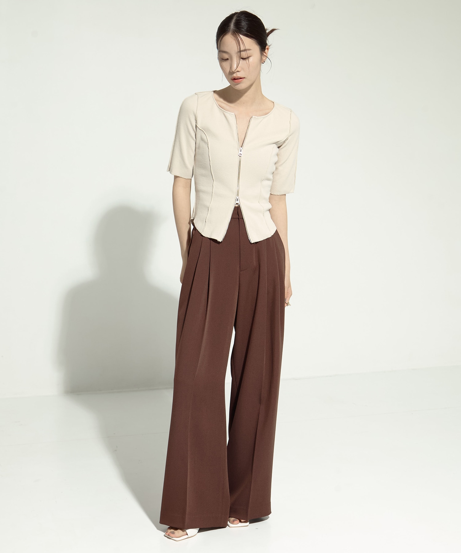 Half Sleeve Zip Up Rib Top STUDIOUS