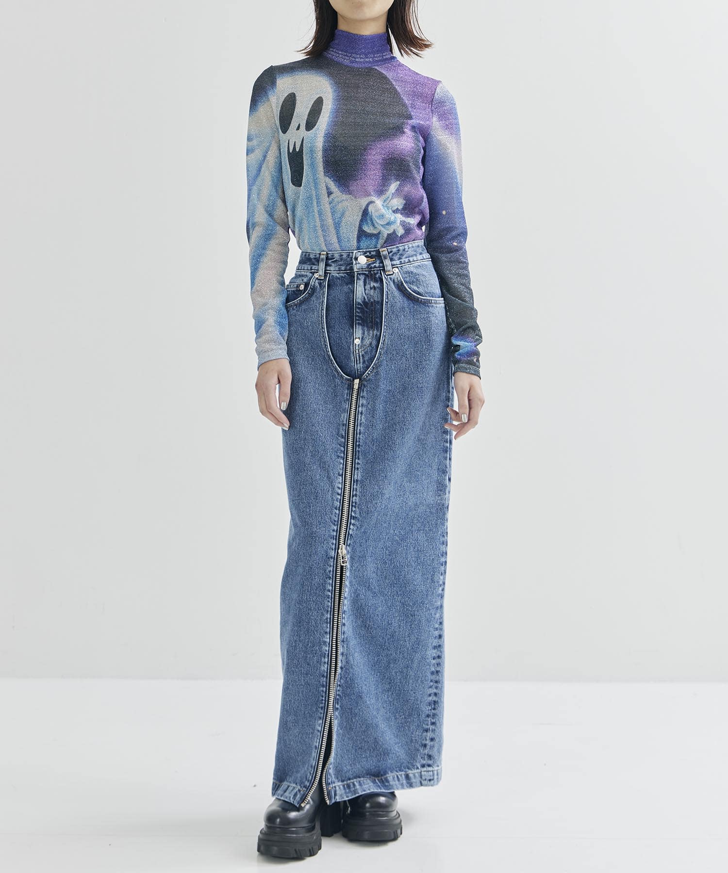 WASHED DENIM ZIPPED LONG SKIRT JOHN LAWRENCE SULLIVAN