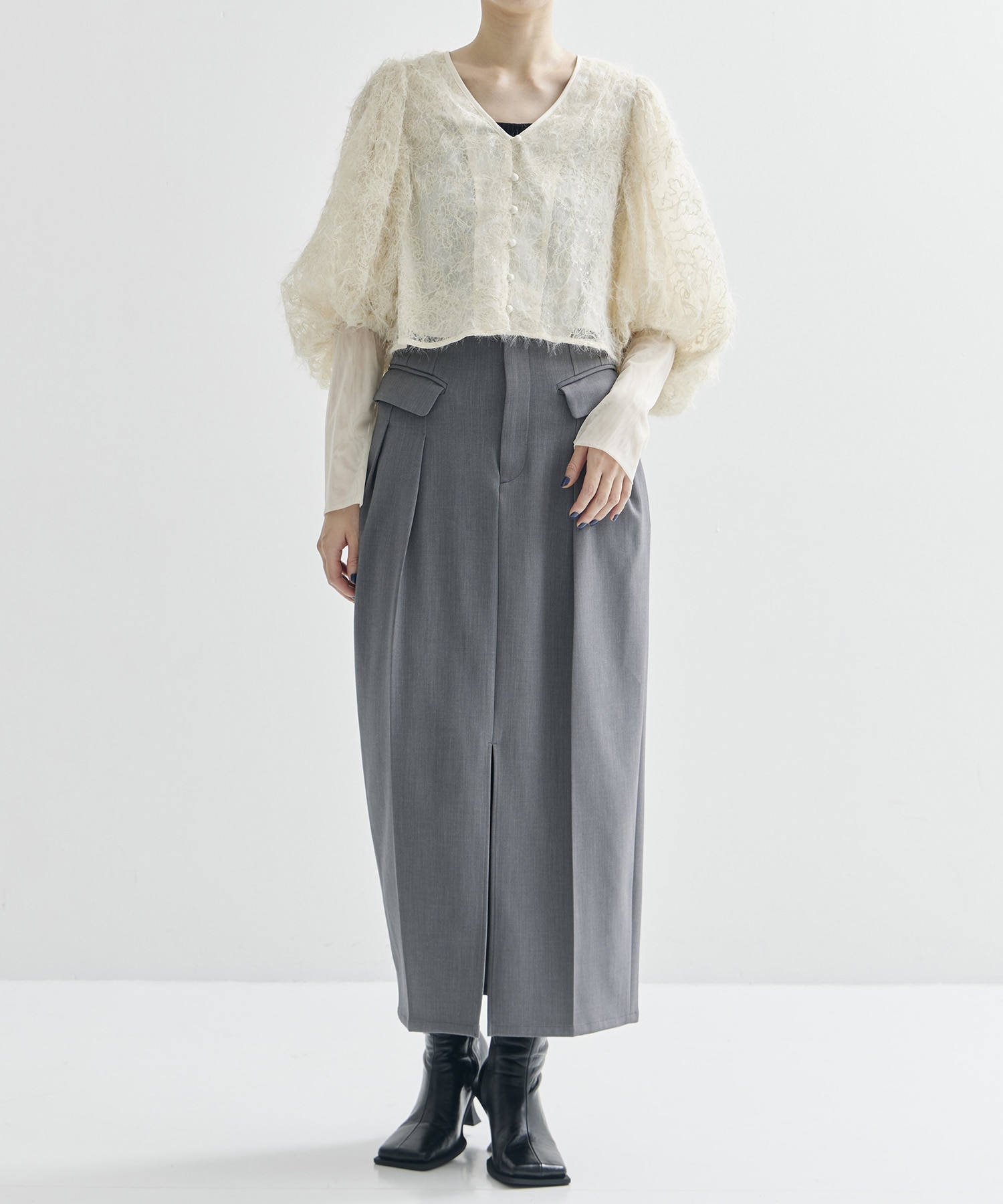 BRUSHED LACE VOLUME SLEEVE BLOUSE AMERI