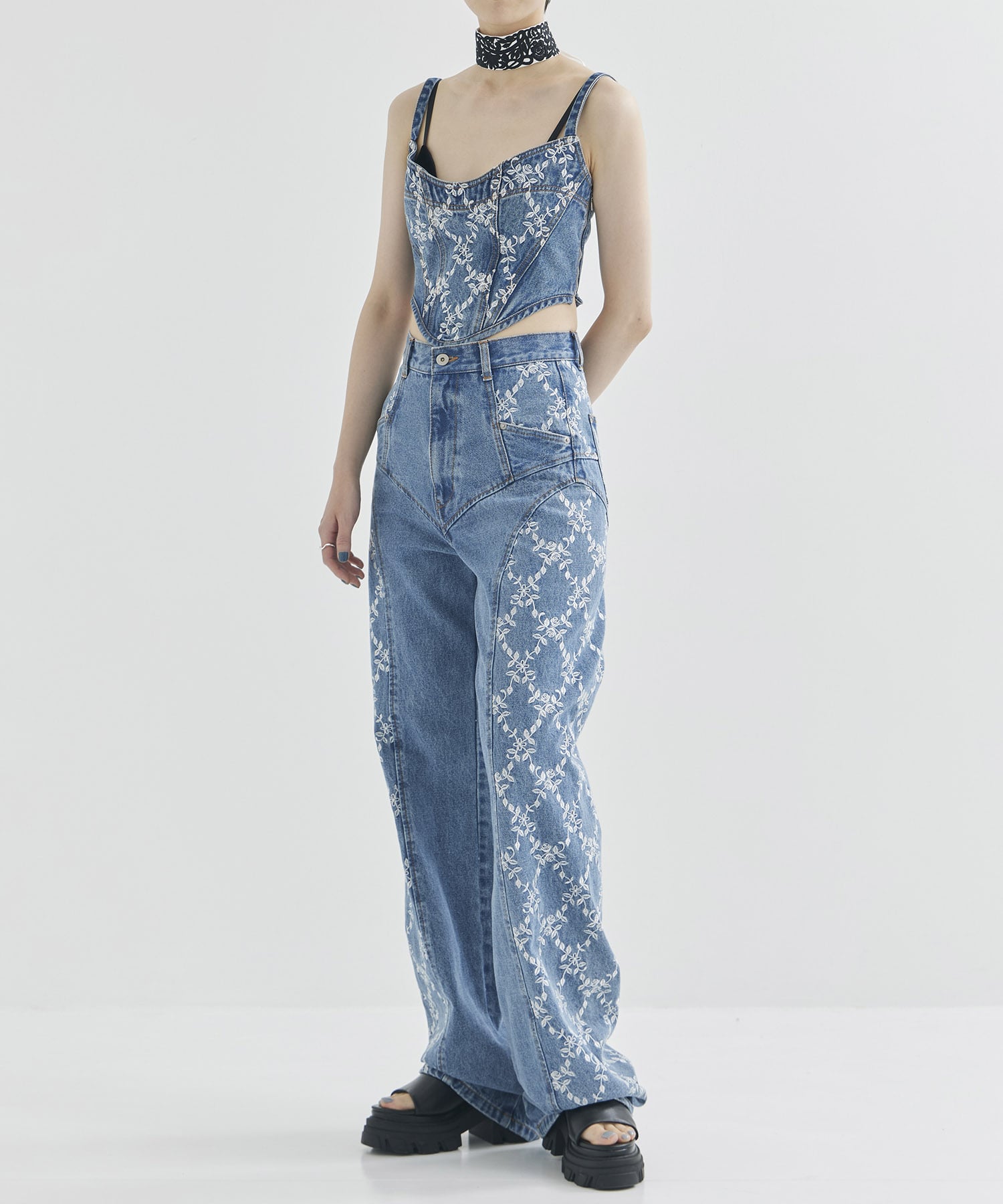 FLOWER EMBROIDERED DENIM BUSTIER FETICO