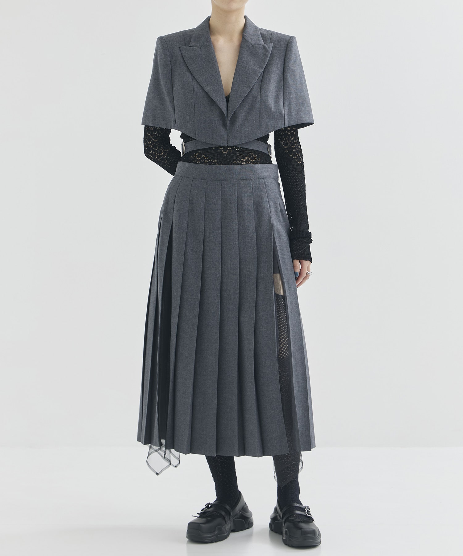 WOOL & TULLE COMBINED PLEATED SKIRT FETICO