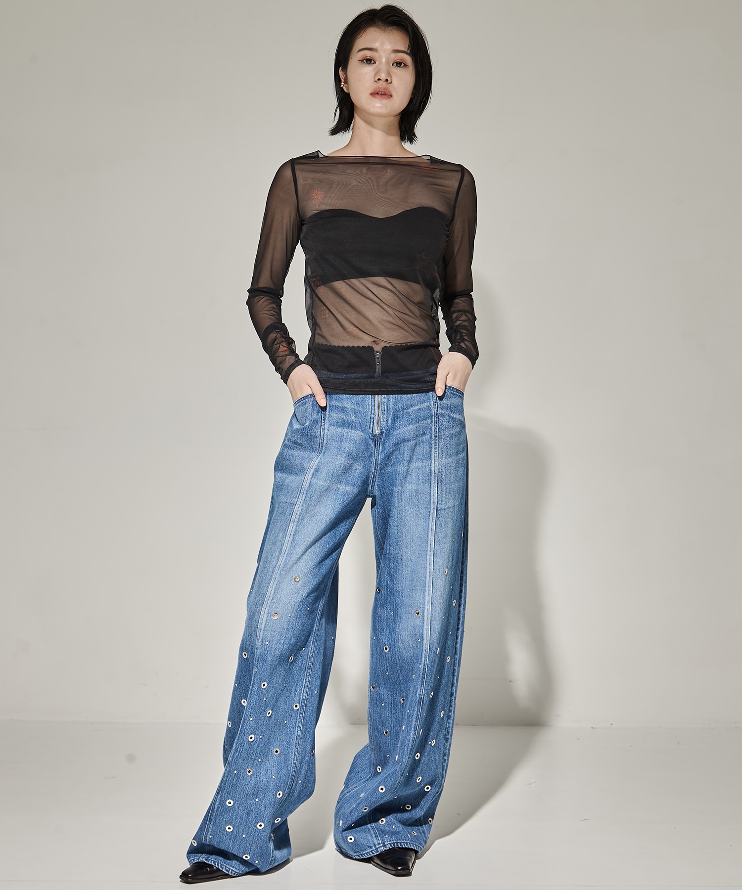 ORGANIC COTTON DENIM WIDE-LEG JEANS WITH STUDS FETICO