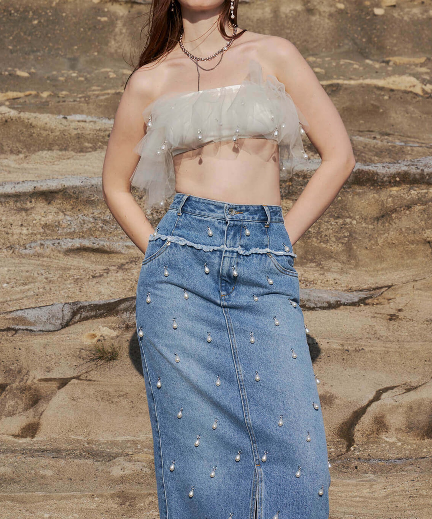 DENIM LONG SKIRT with PEARL JOSEMOON