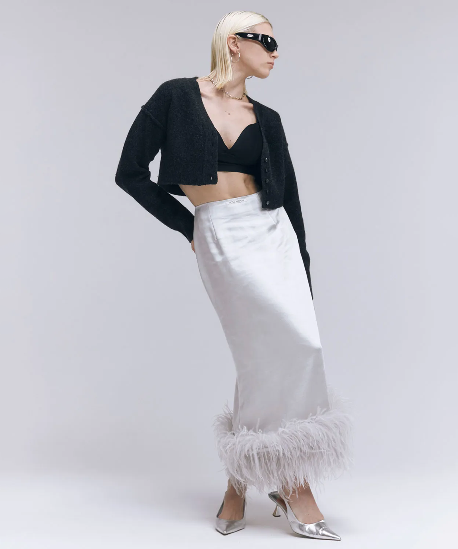 FEATHER TRIM SATIN SKIRT JOSEMOON