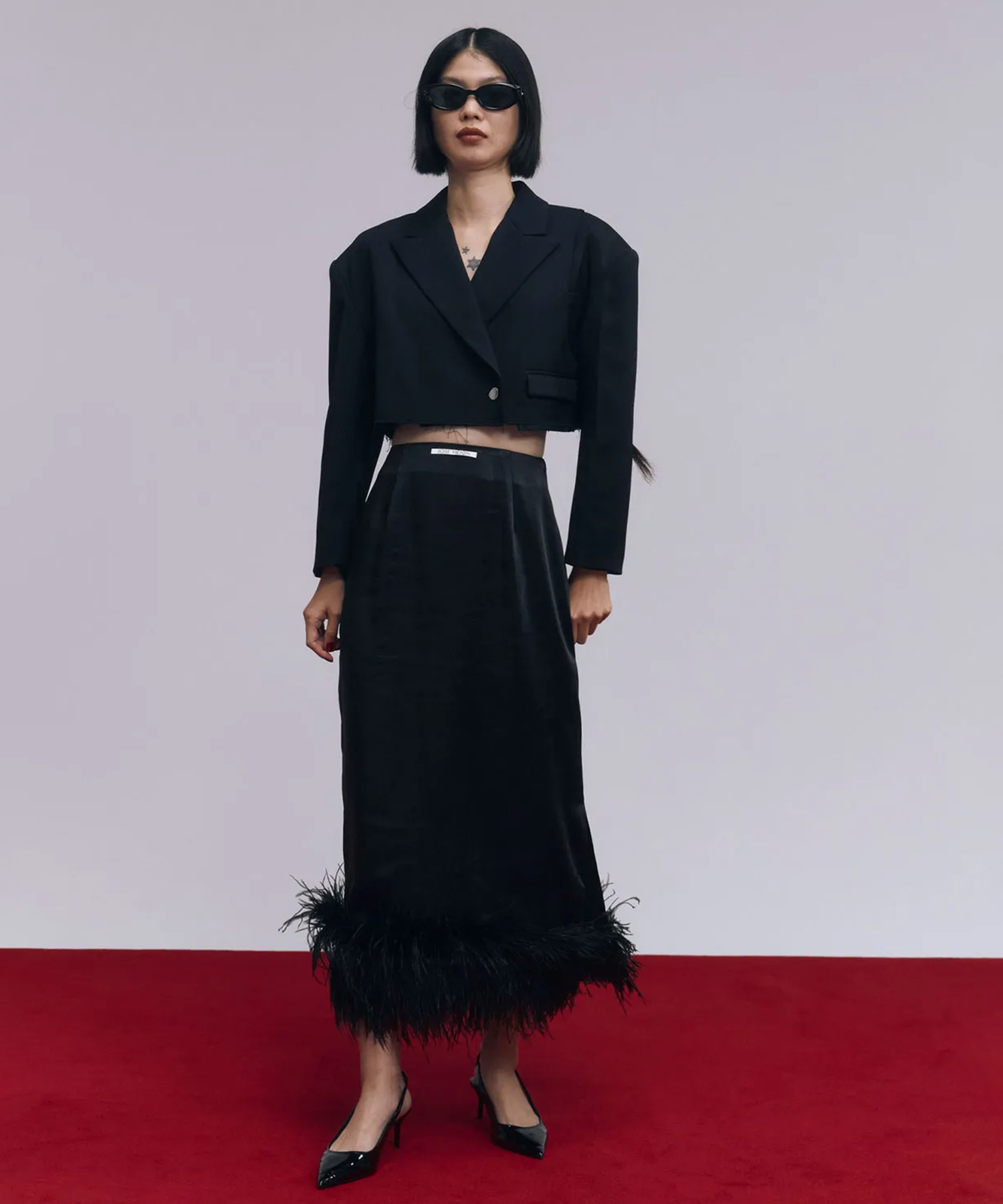 FEATHER TRIM SATIN SKIRT JOSEMOON