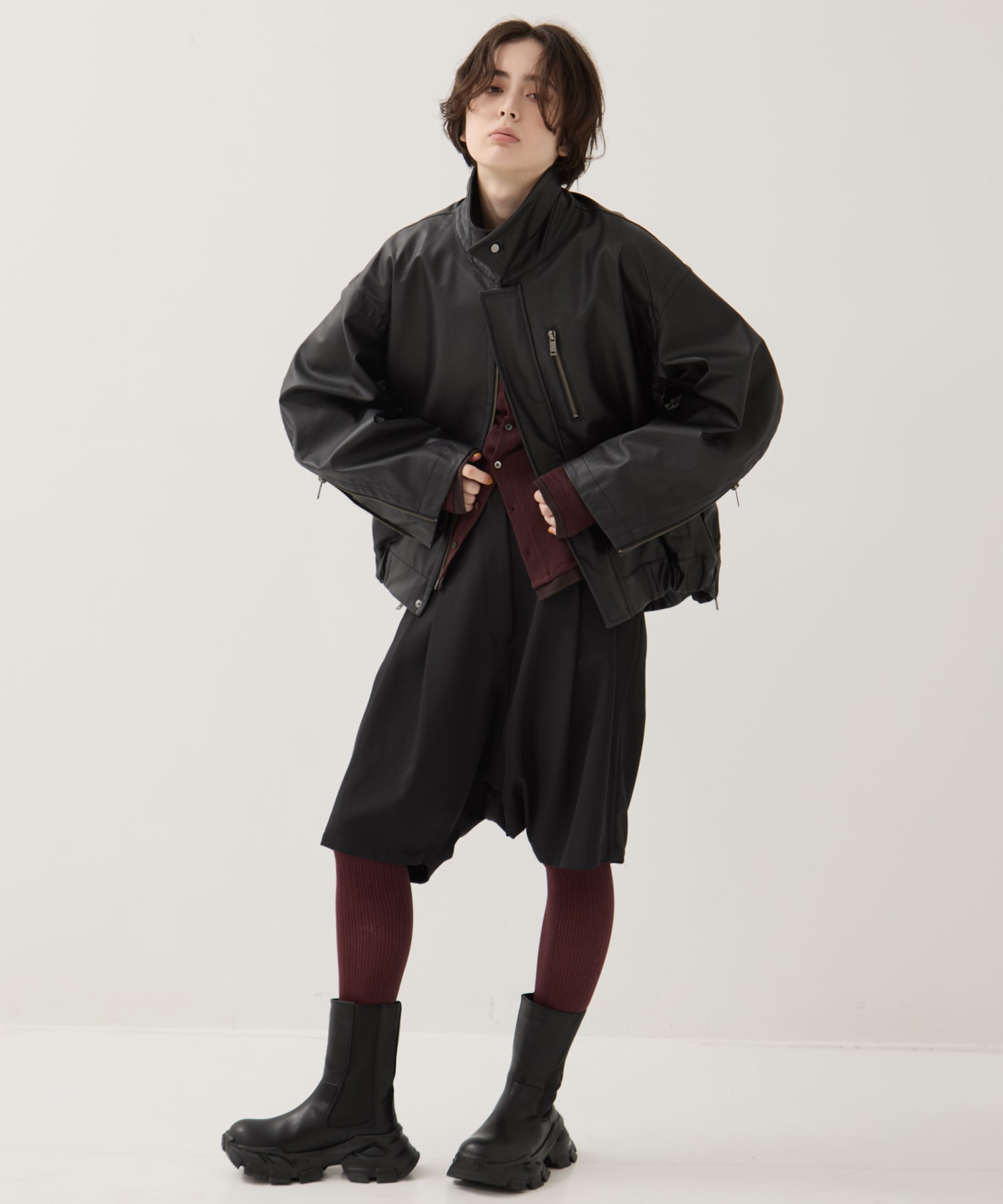 Faux Leather Stand Collar Blouson STUDIOUS