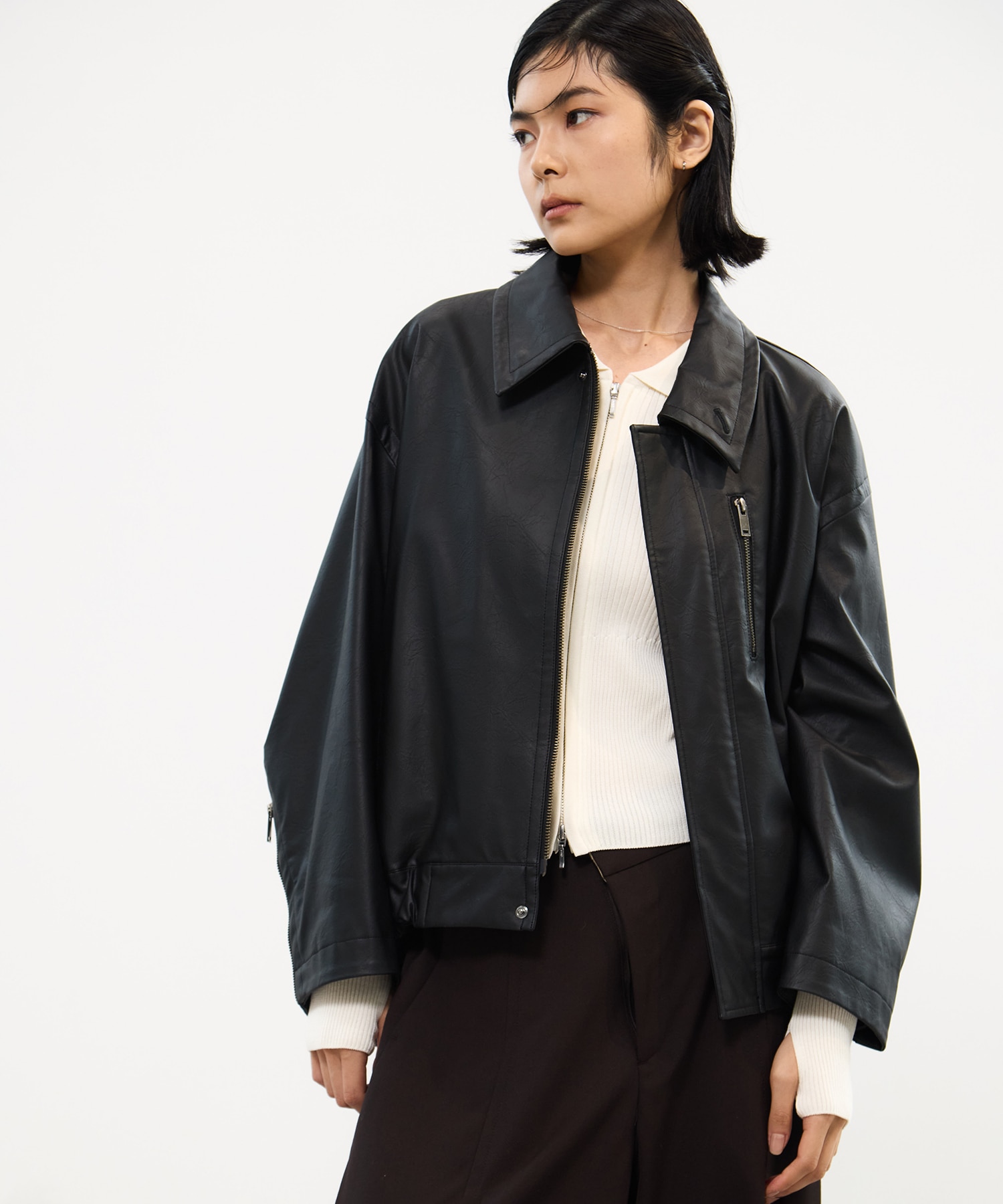 Faux Leather Stand Collar Blouson STUDIOUS