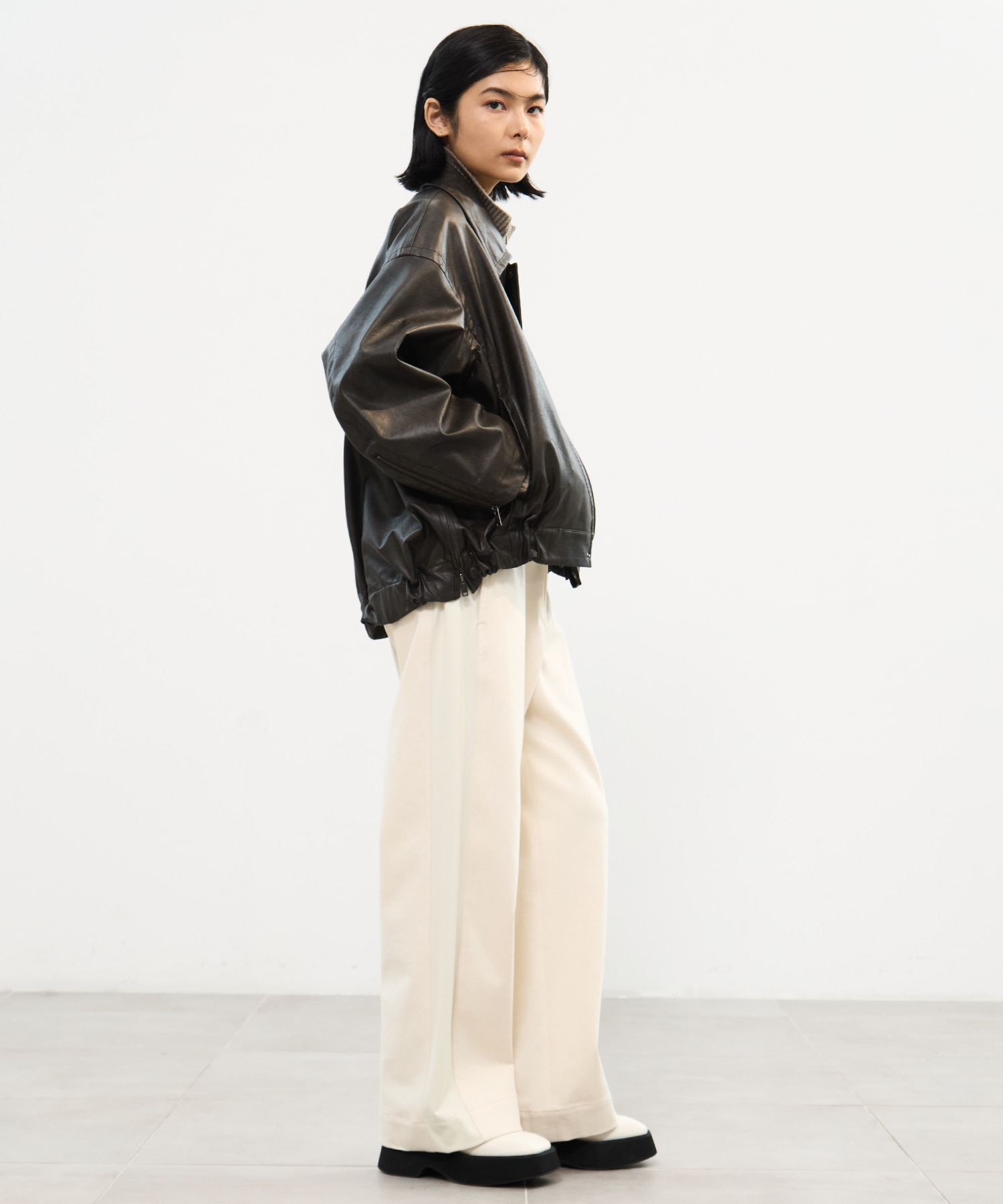 Faux Leather Stand Collar Blouson STUDIOUS
