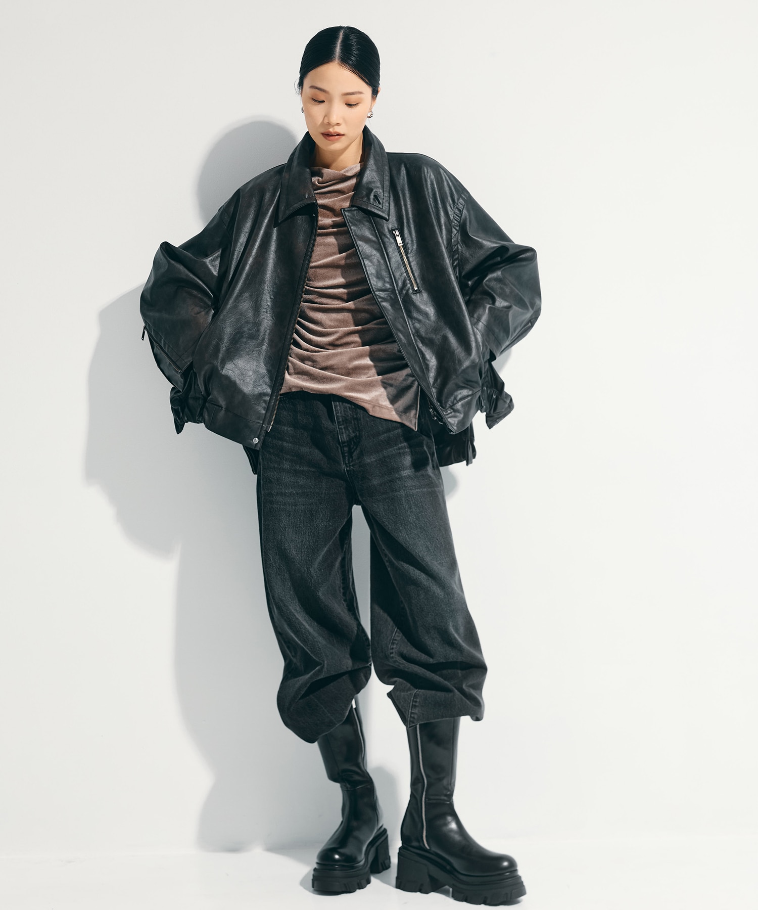 Faux Leather Stand Collar Blouson STUDIOUS