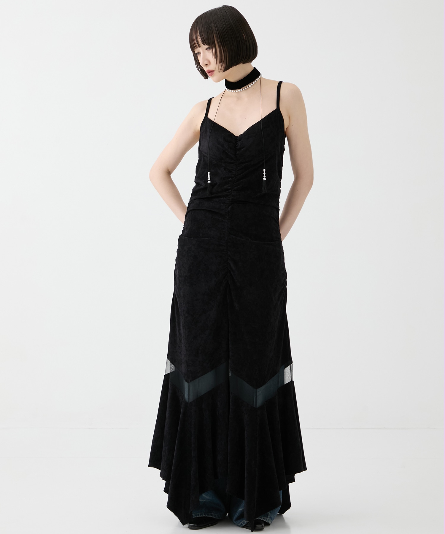 別注 VELOUR SHEER CUT HEM DRESS FETICO