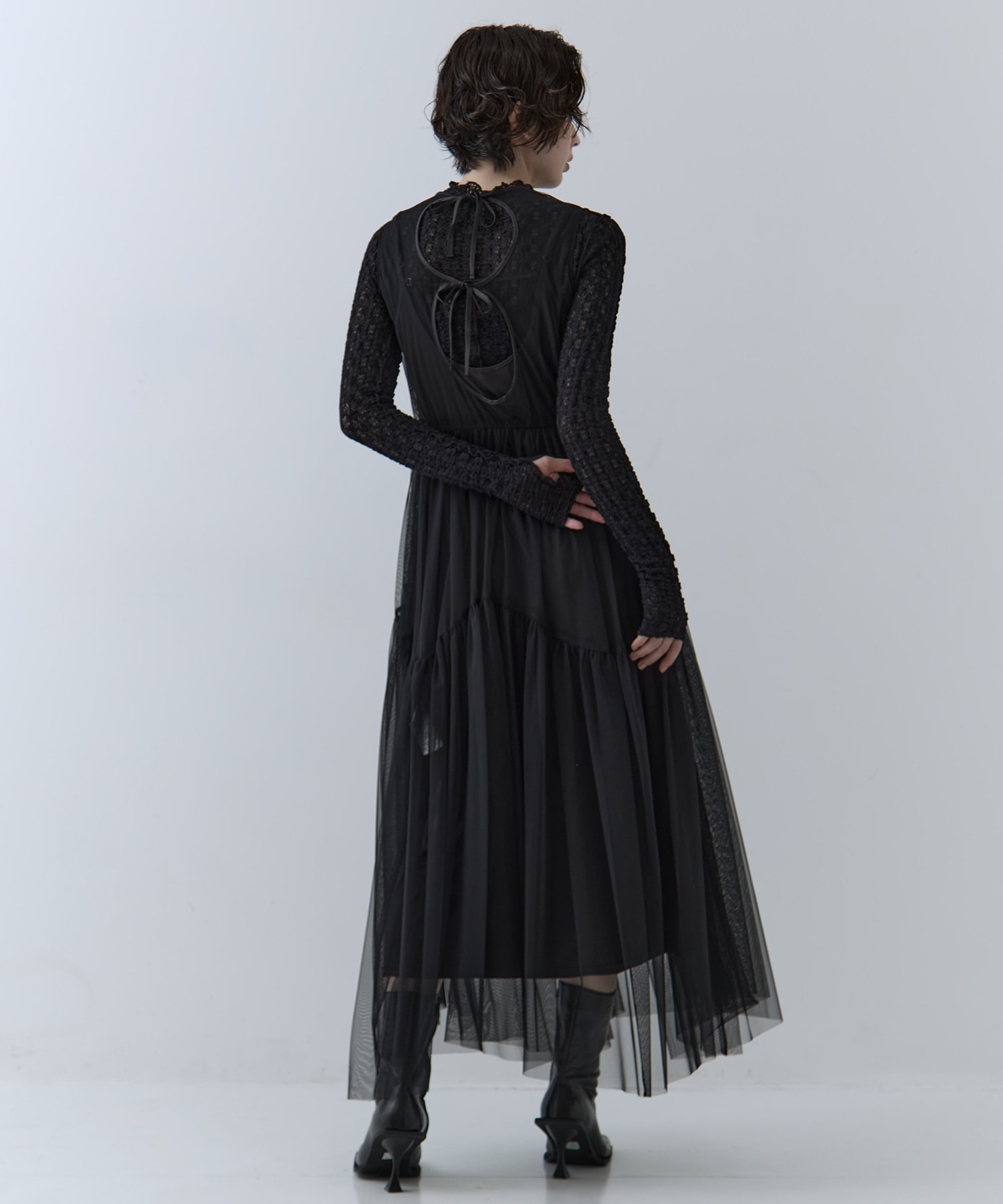 BLACK TULLE WAVE TIERED DRESS AMERI