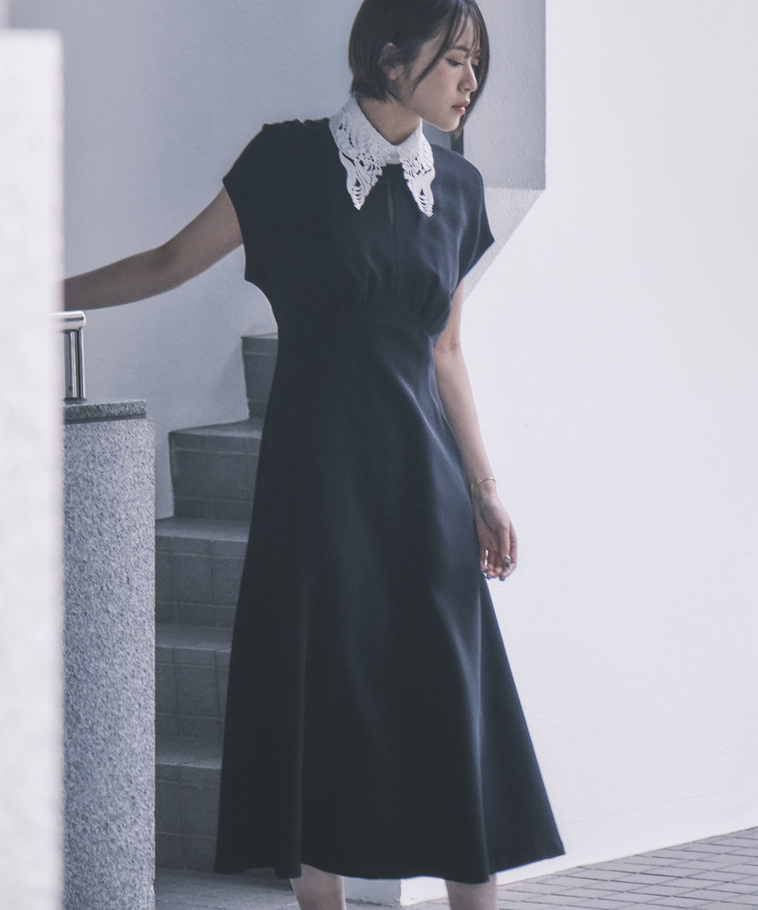Triacetate Georgette Embroidered Collar Flared Dress Mame Kurogouchi