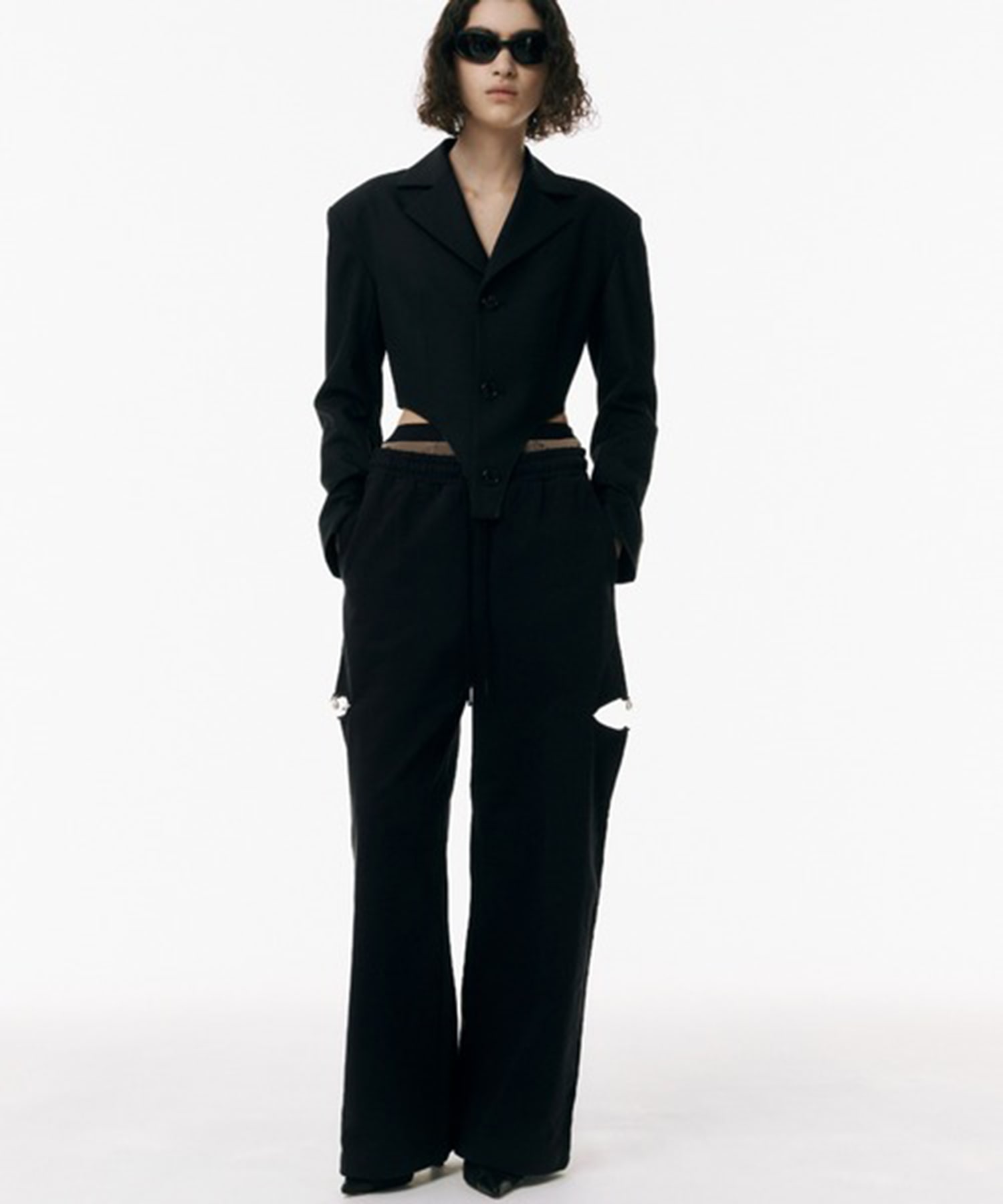 SLIT SWEAT PANTS with PEARL(36 BLACK): JOSEMOON: WOMENS