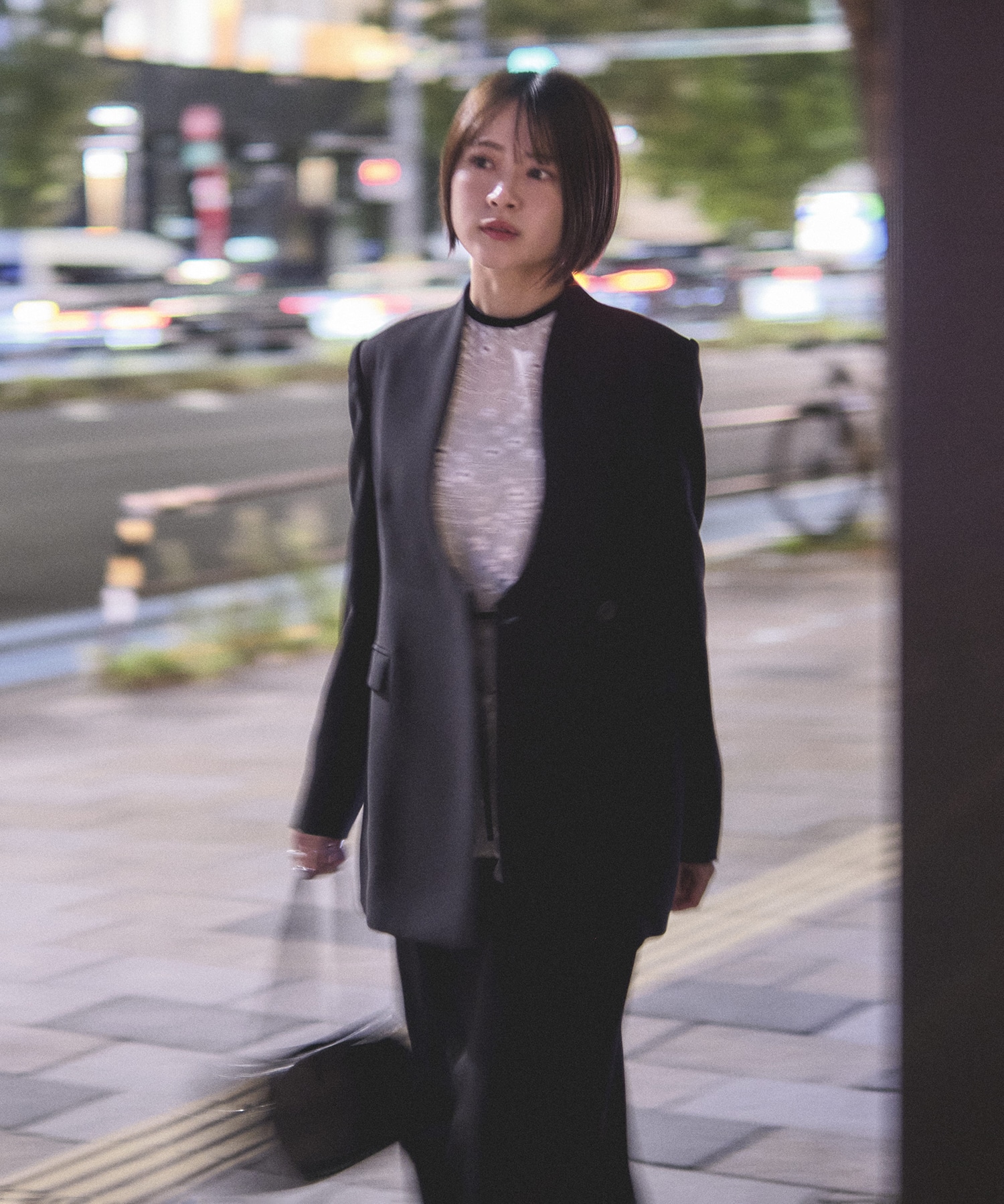 Acetate Polyester Collarless Double Breasted Suit Jacket Mame Kurogouchi