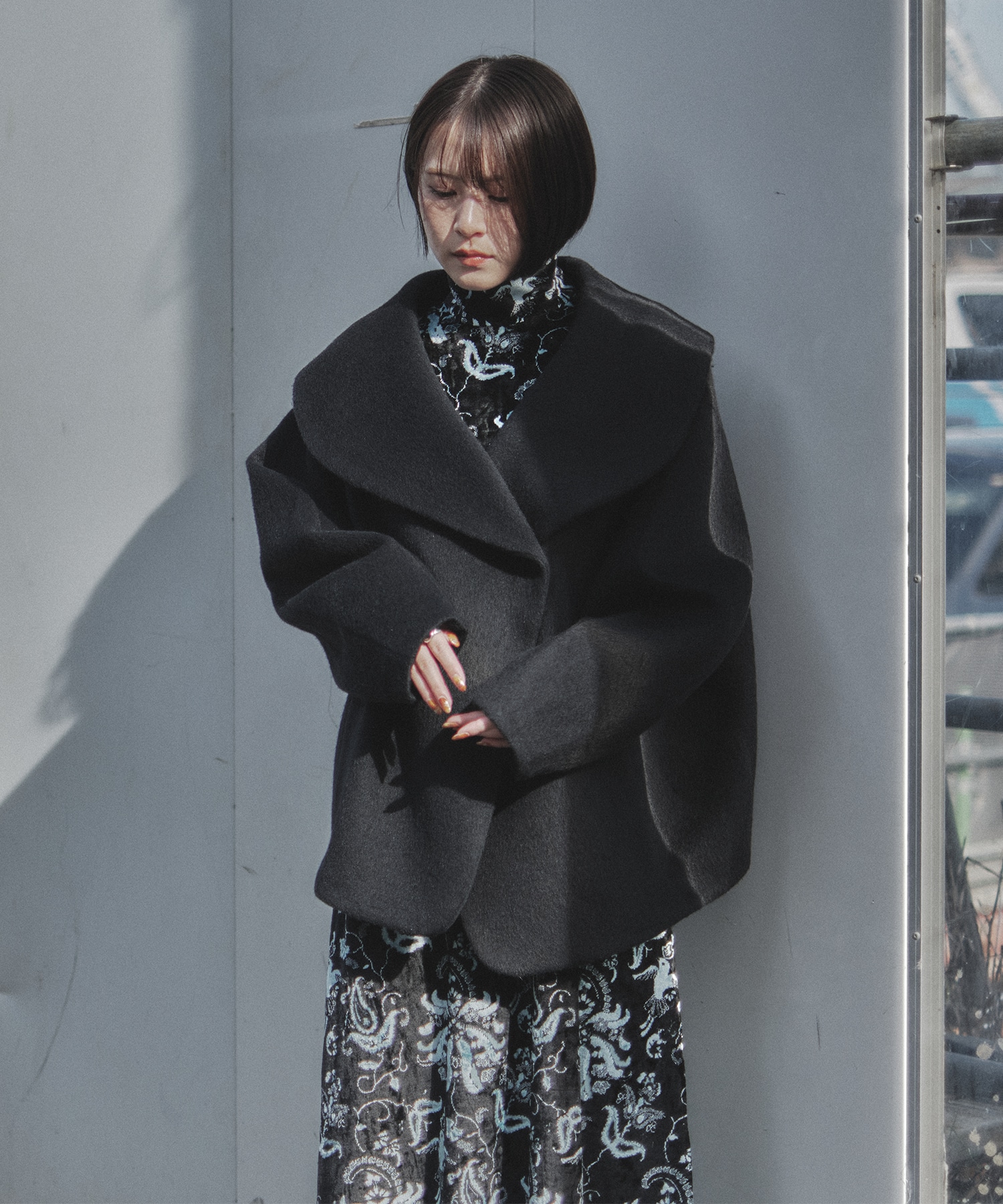 Mame Kurogouchi 2020FW ショートウールコート Wool Arupaka Shawl Collar Short Cort(1 BLACK): Mame