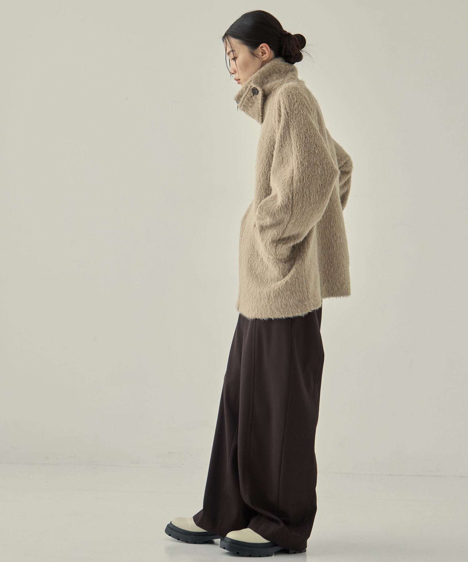 STAND COLLAR SHAGGY MIDDLE COAT STUDIOUS