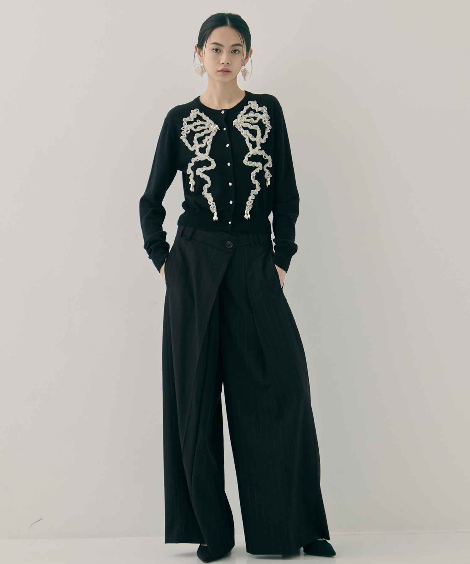 Ribbon tulle pearl embroidery cardigan tanakadaisuke