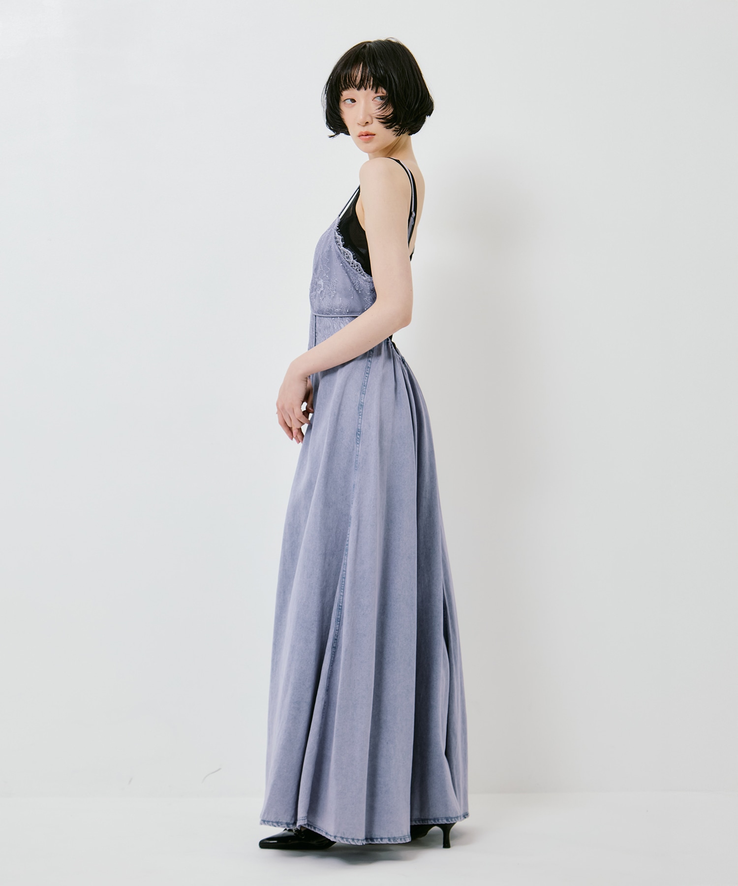 LACE DOCKING TENCEL DENIM FLARE DRESS AMERI