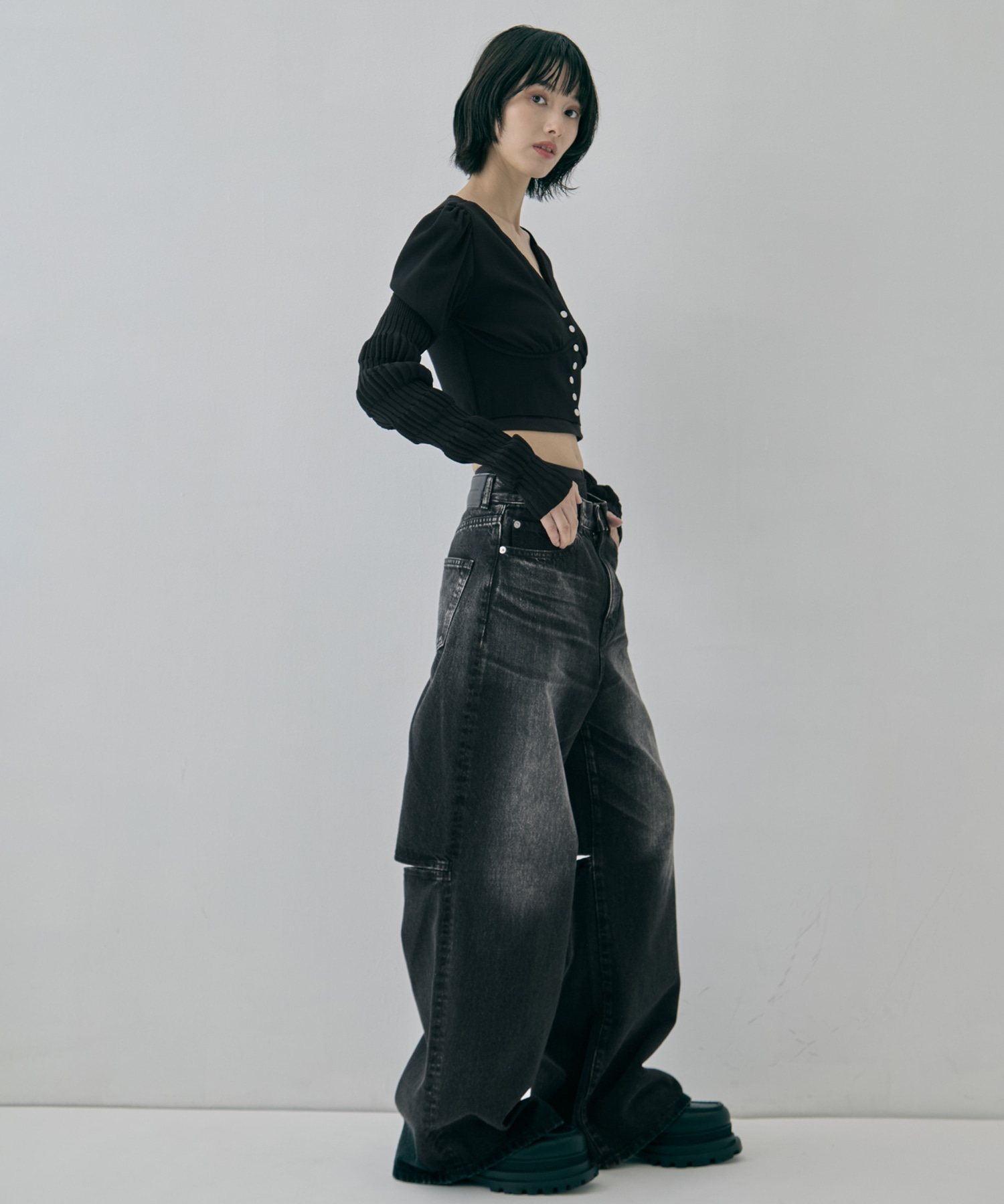 別注 WASHED DENIM CUT OUT WIDE PANTS JOHN LAWRENCE SULLIVAN