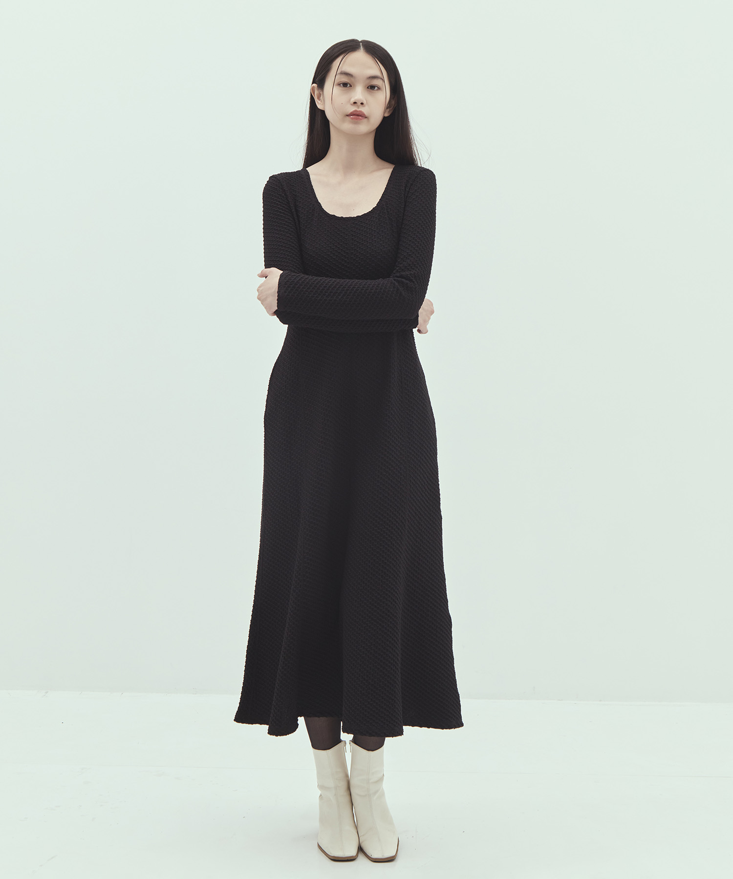 Shirring Jersey Jacquard Long Sleeve Dress Mame Kurogouchi