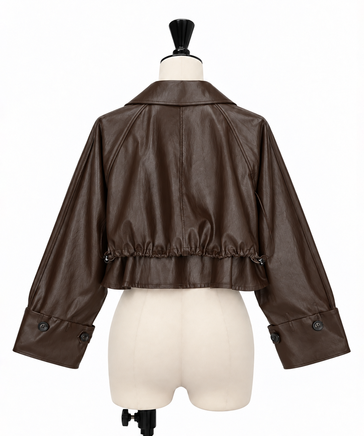 DRAWSTRING YOKE SYNTHETIC LEATHER SHORT COAT AMERI