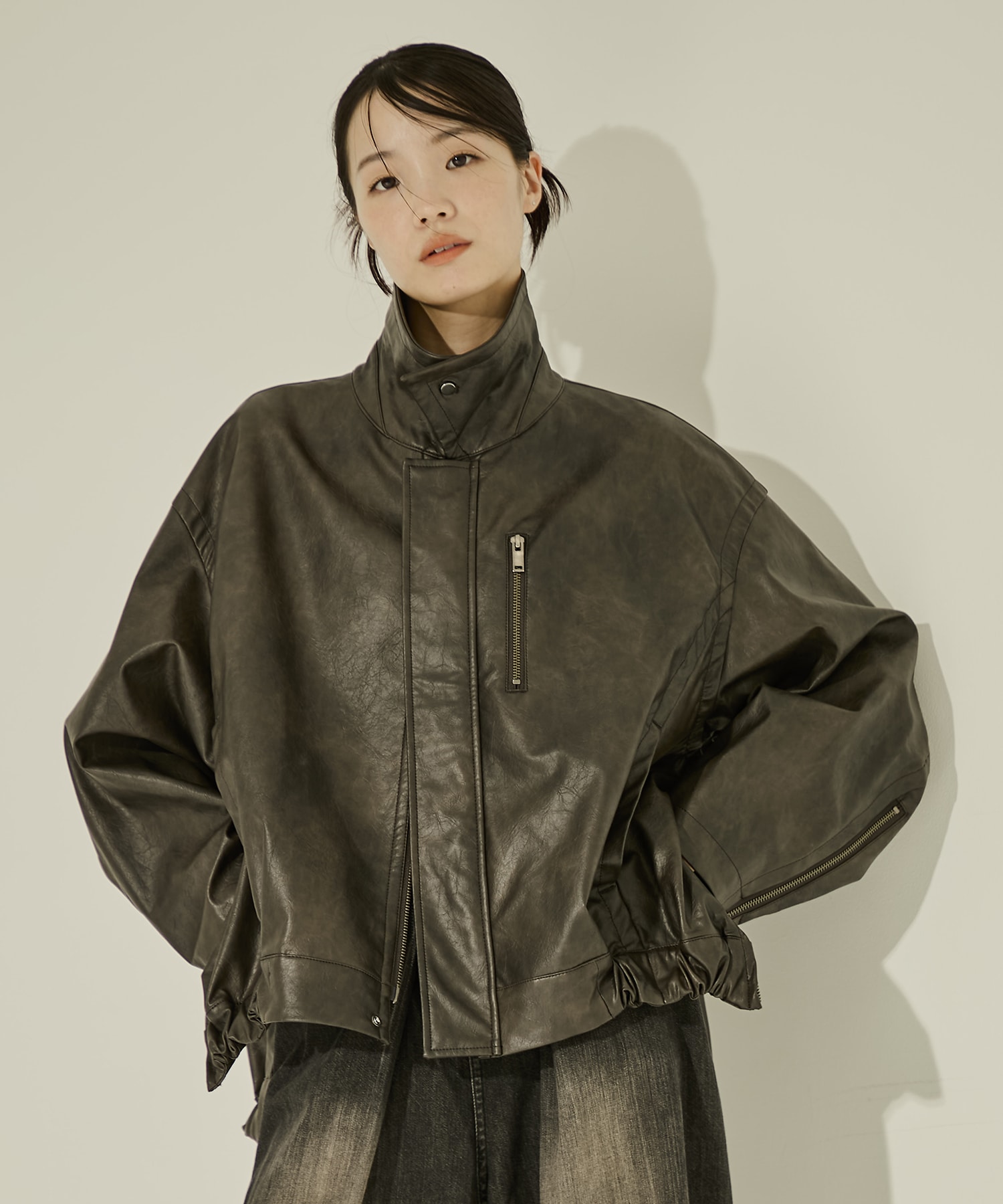 Faux Leather Stand Collar Blouson STUDIOUS