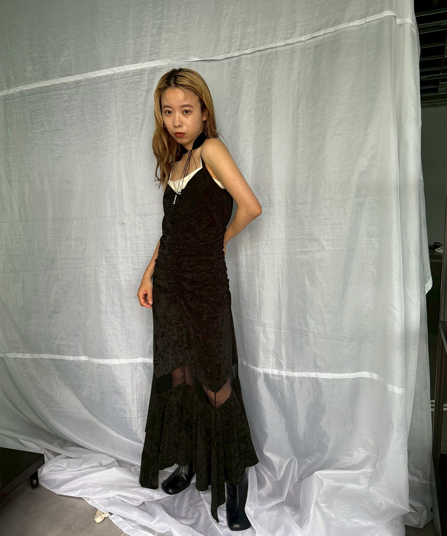別注VELOUR SHEER CUT HEM DRESS FETICO