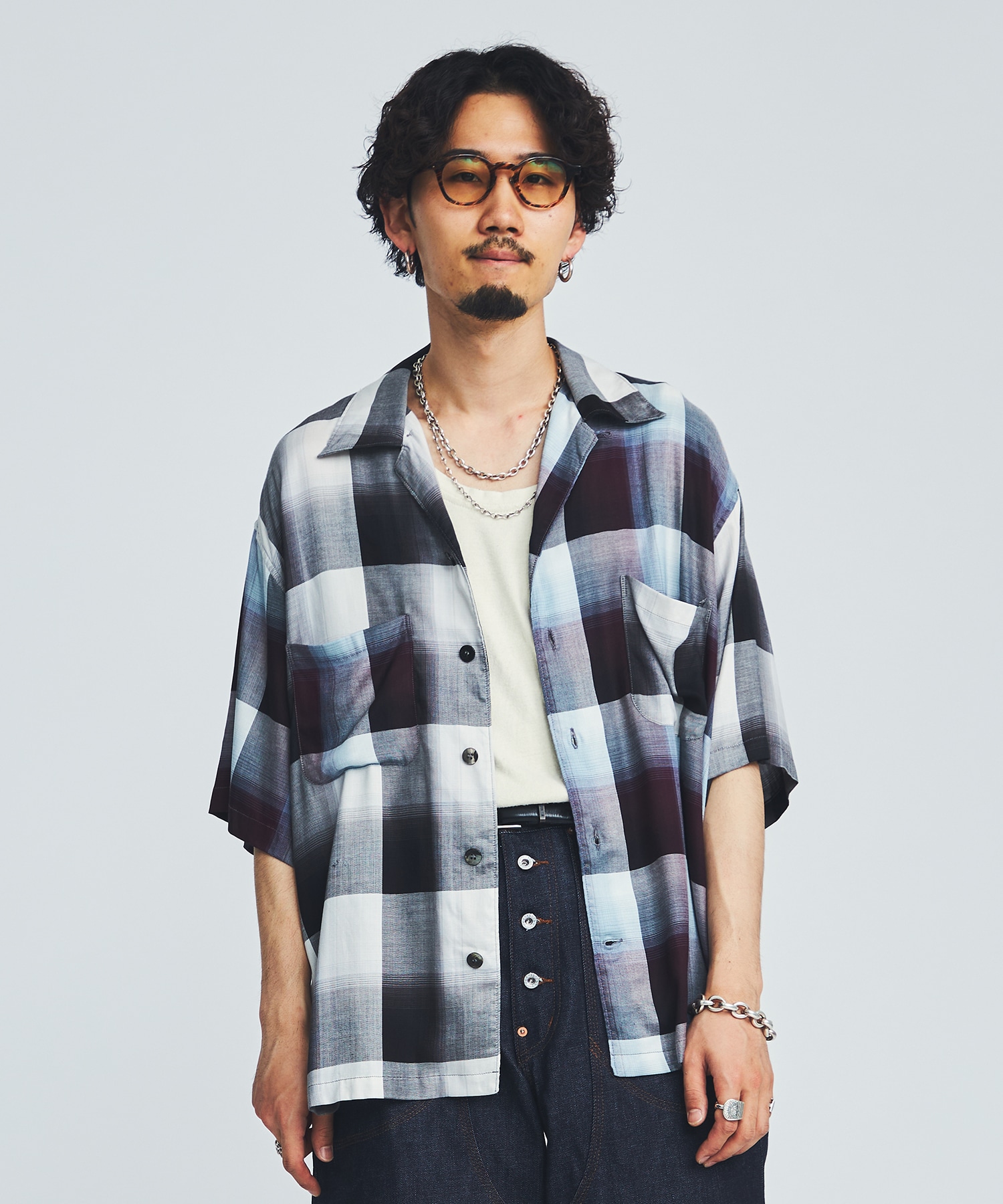 UNUSED Ombre check open collar shirt