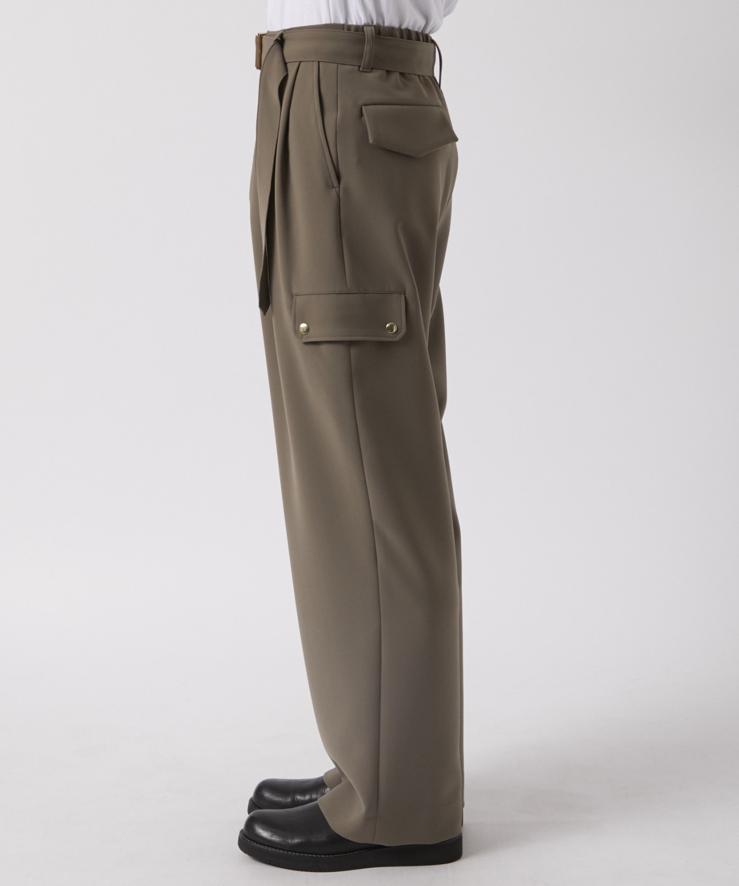 Stretch 2Way Double Cloth  2 Tuck Cargo Pants with Long Belt CULLNI