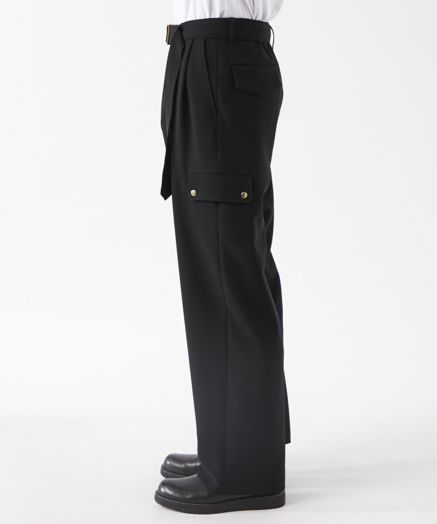 Stretch 2Way Double Cloth  2 Tuck Cargo Pants with Long Belt CULLNI