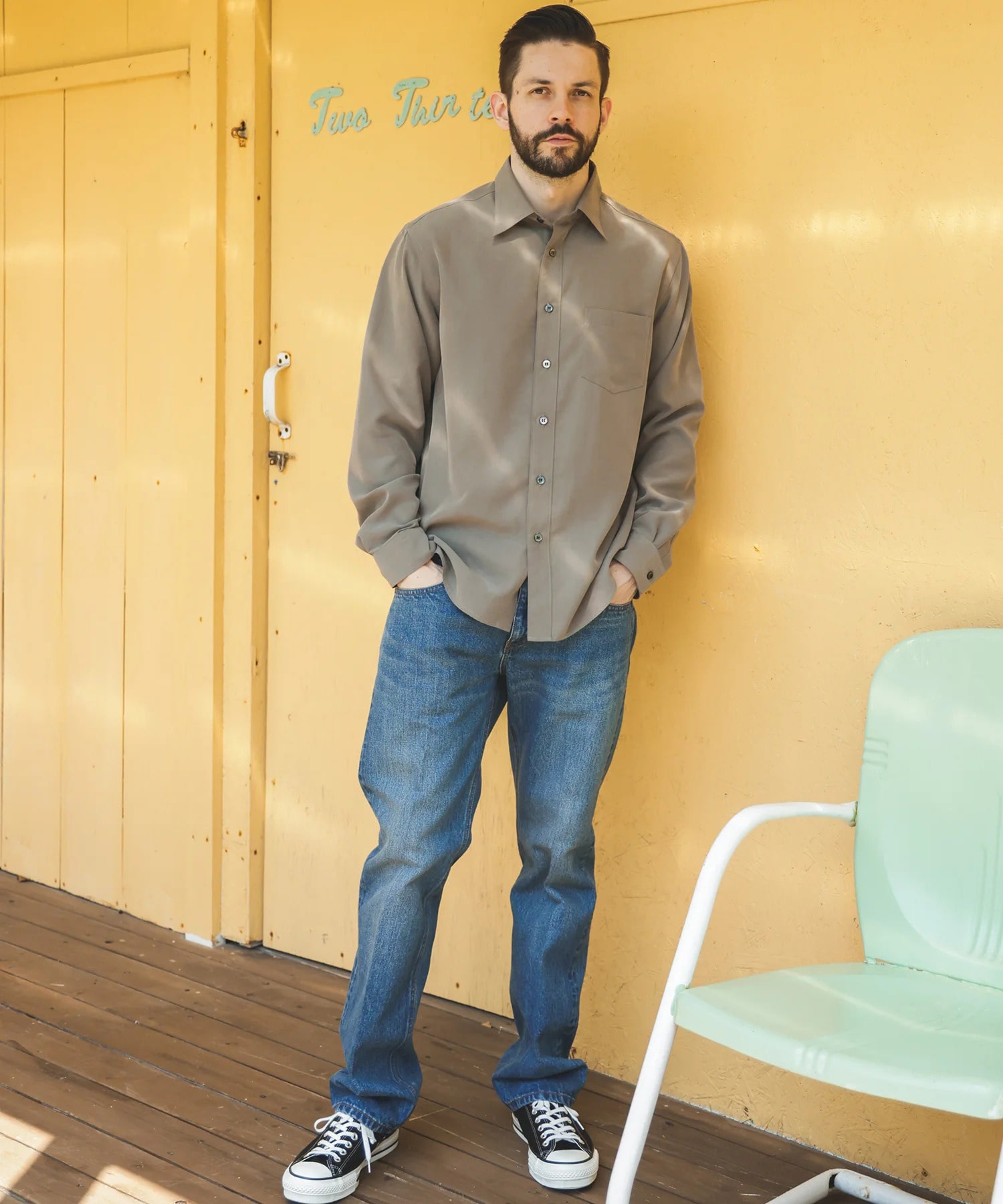 T/R POWDER POPLIN CLOTH /REGULAR COLLAR SHIRT MR.OLIVE