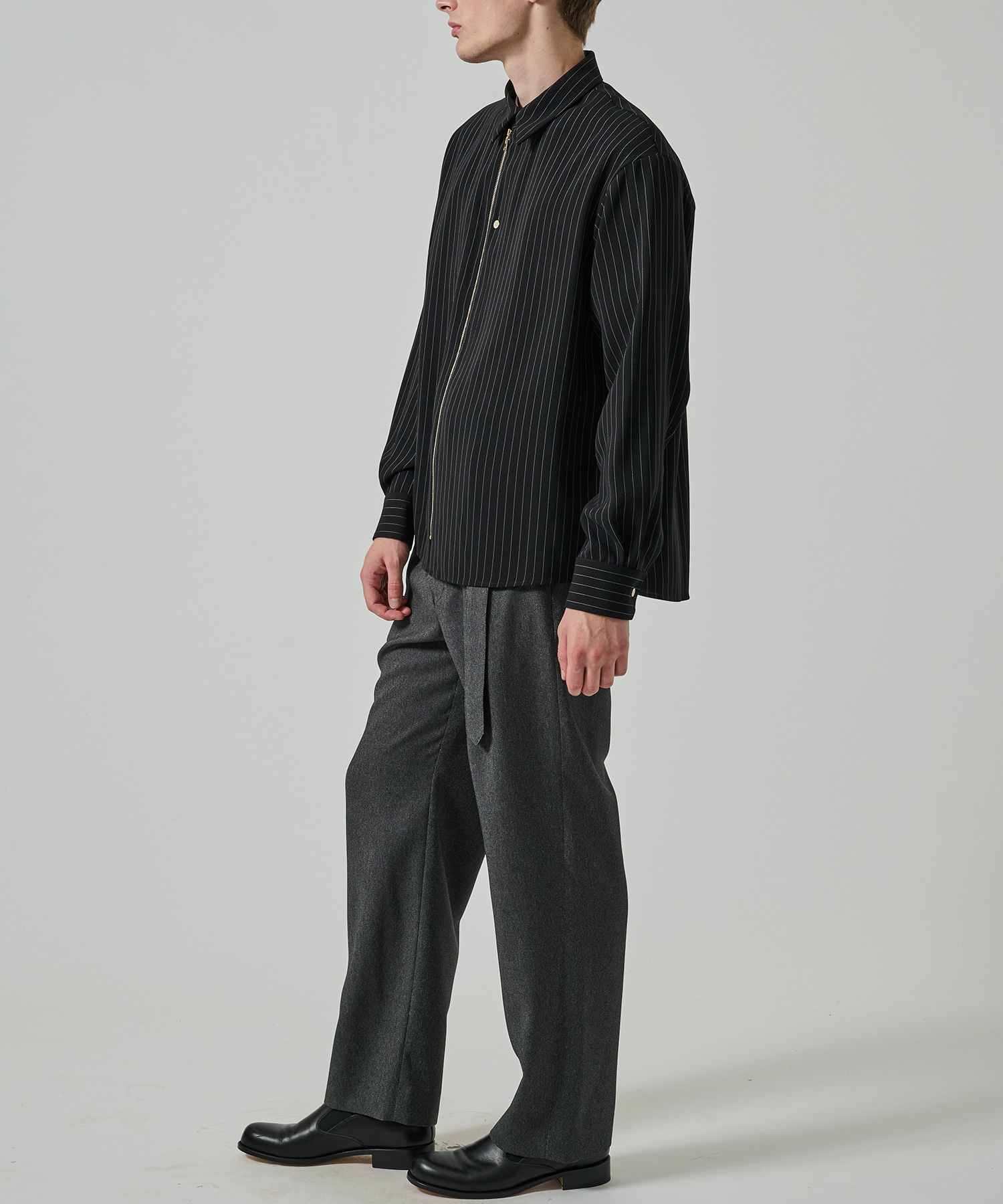 Faux Denim 1Tuck Semi Wide Pants with Long Belt CULLNI