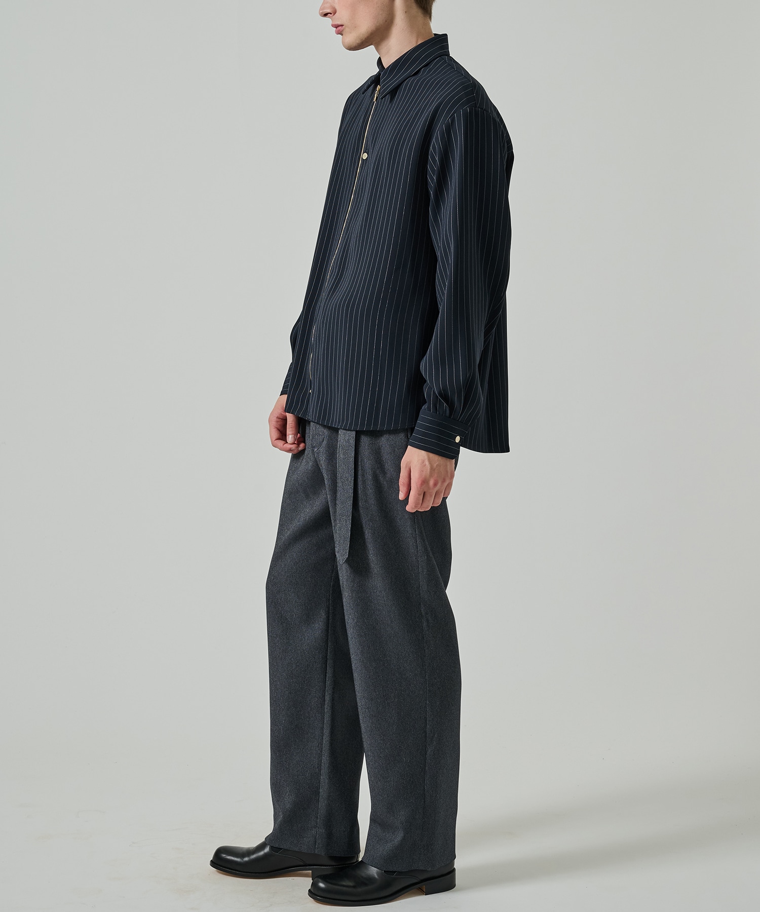 Faux Denim 1Tuck Semi Wide Pants with Long Belt CULLNI