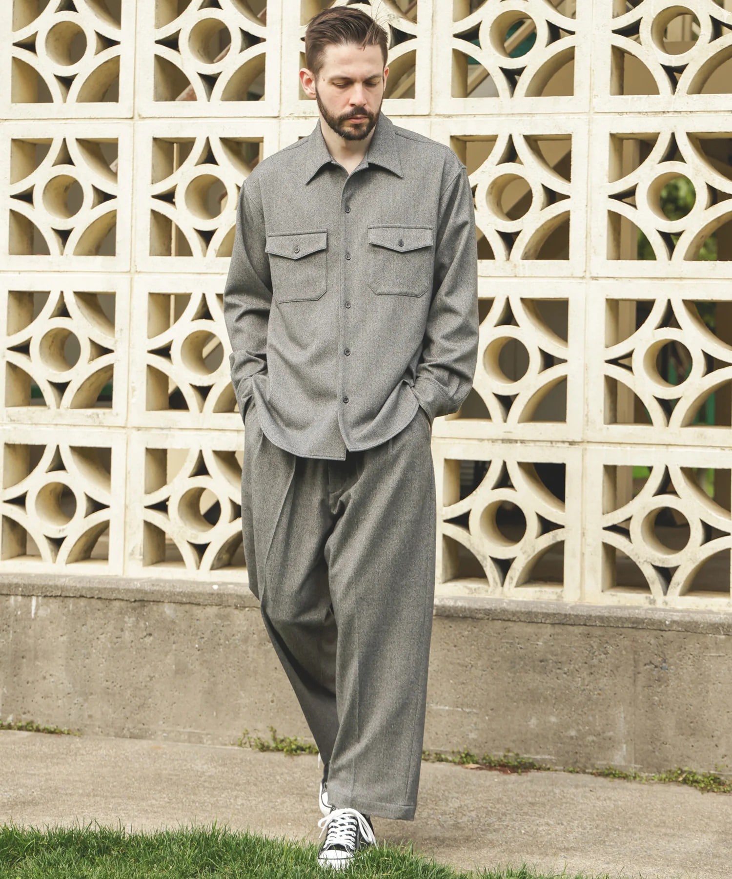 PEACHSKIN STRETCH GABARDINE /2TACK WIDE EASY PANTS MR.OLIVE
