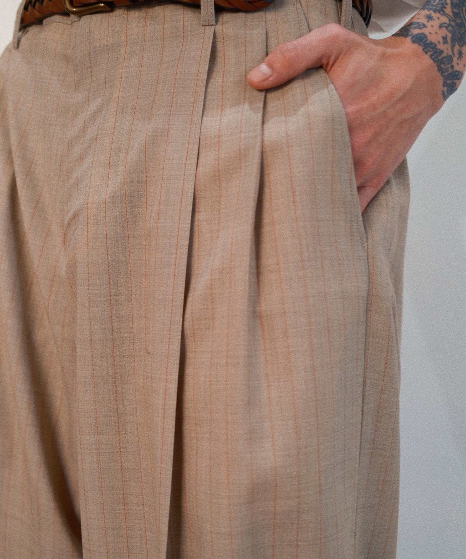 Pleated Stripe Summer Wool Pants KHOKI