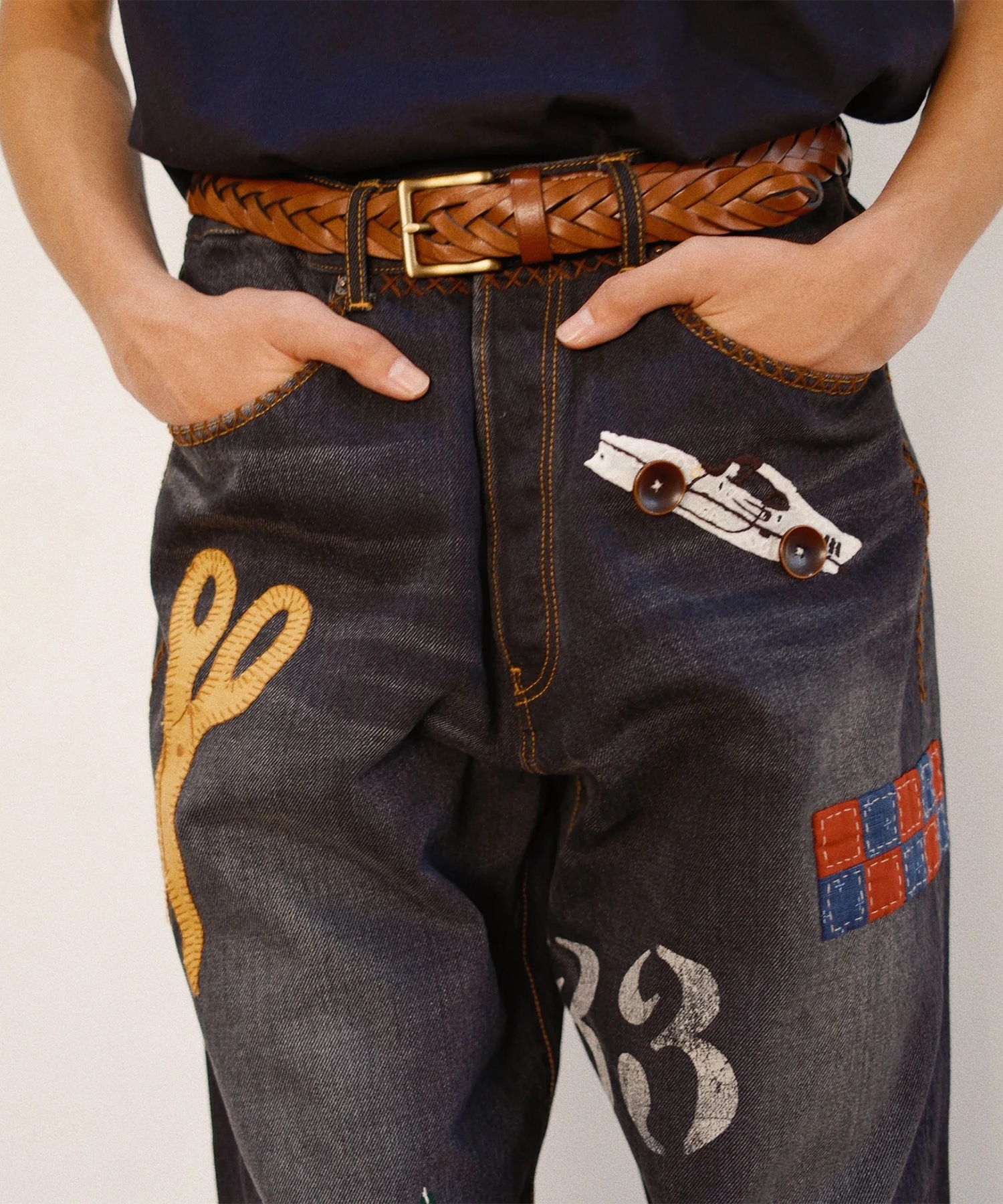Hand-Embroidered Denim Pants KHOKI