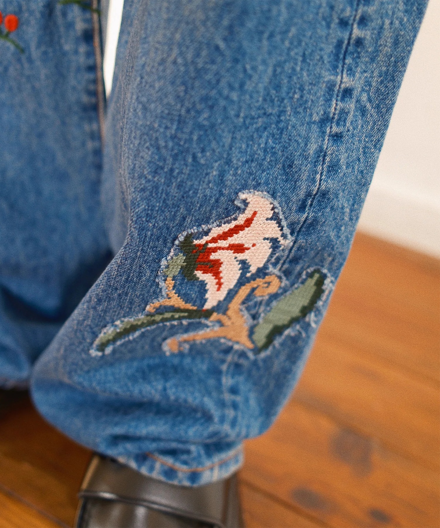 Hand-Embroidered Denim Pants KHOKI