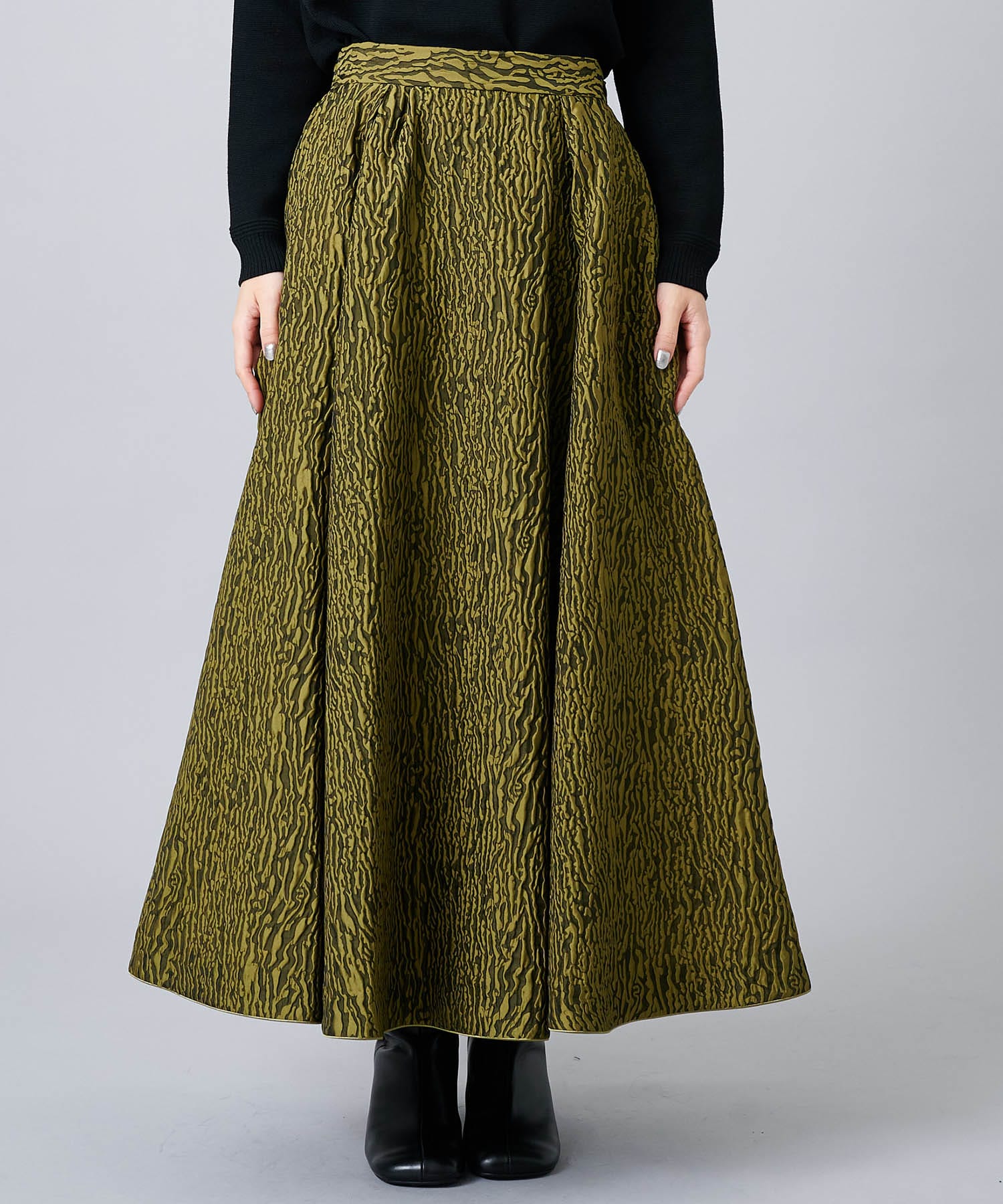 JACQUARD TUCK VOLUME SKIRT(S KHAKI): AMERI: WOMENS｜ STUDIOUS