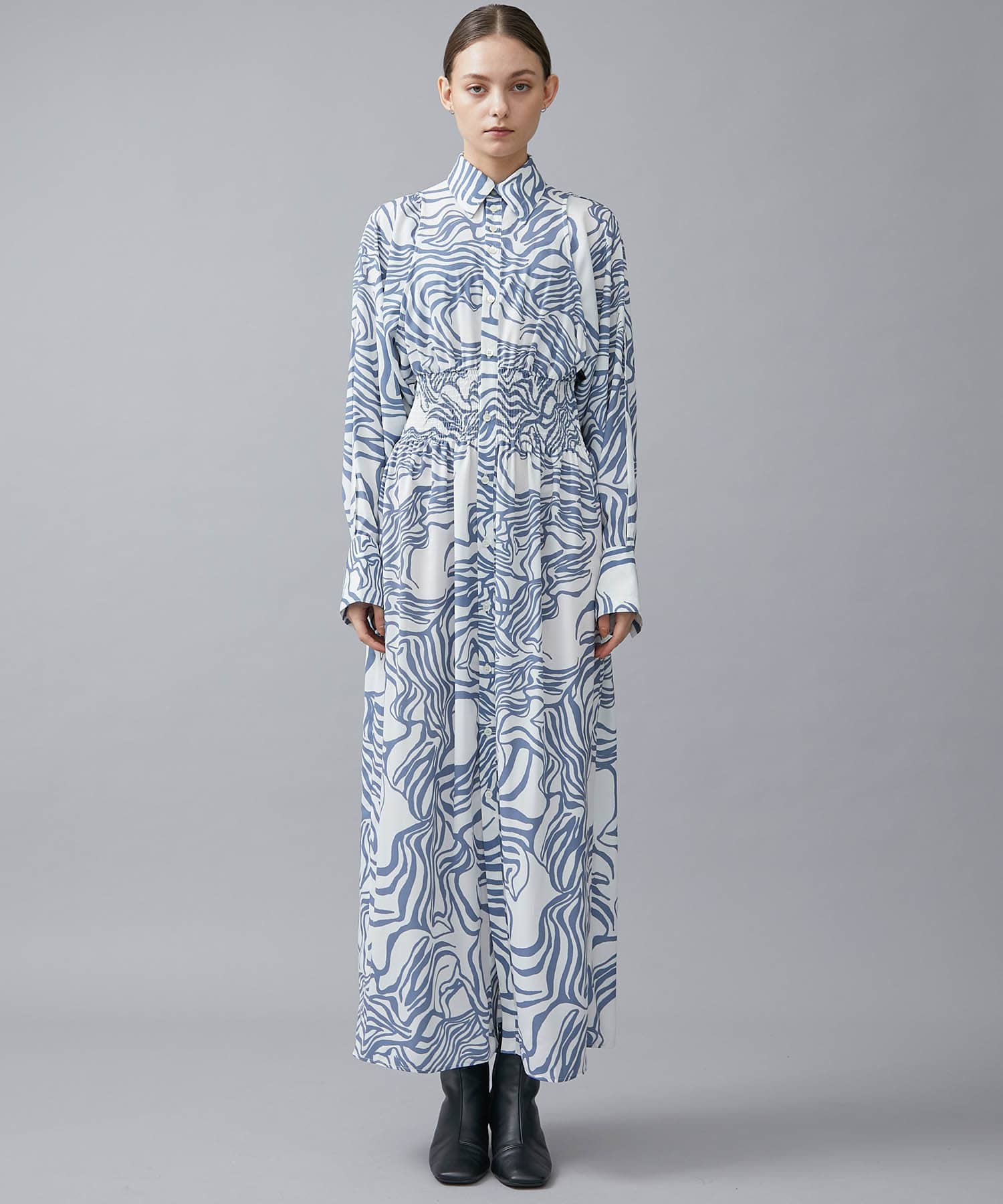 〈別注〉 VAGUE PRINT WASIT SHIRRING LONG DRESS IHNN