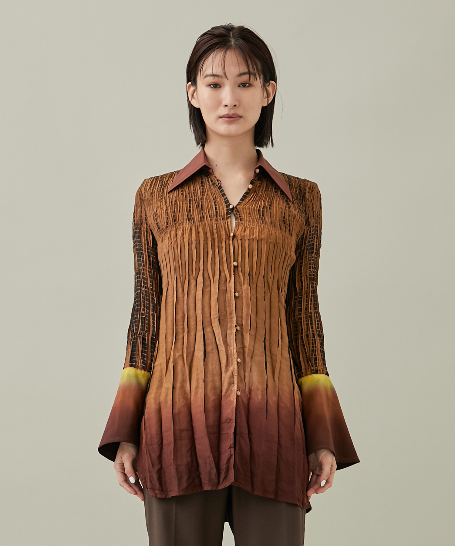 Arimatsu Shibori Ombre Dyed Silk Shirt(1 BROWN): Mame Kurogouchi