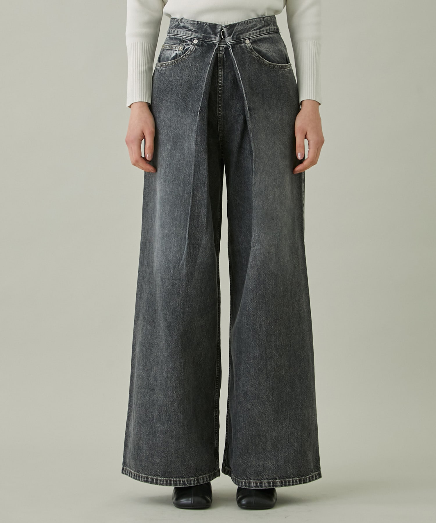 WASHED DENIM WIDE PANTS (SHORT LENGTH)