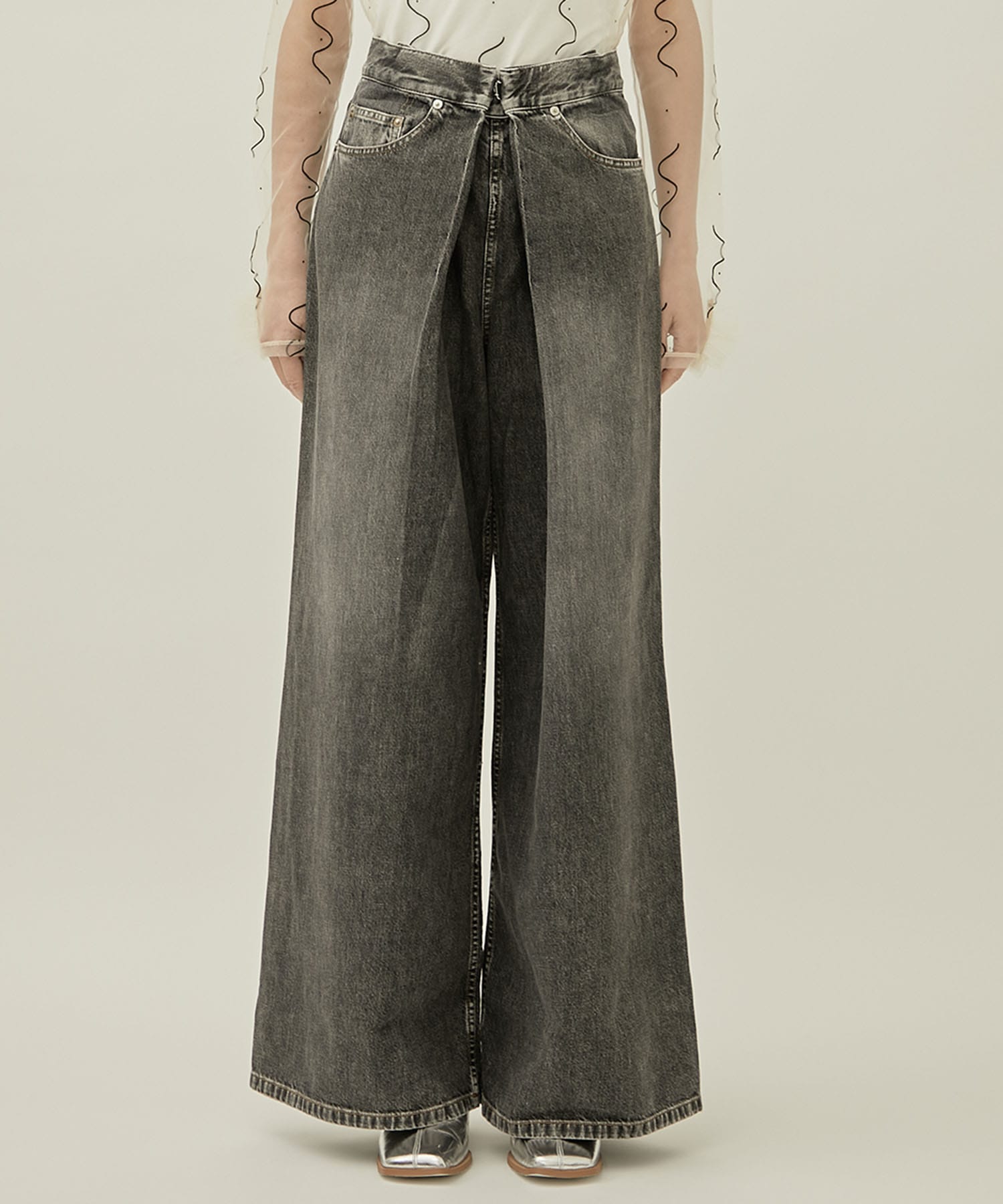 WASHED DENIM WIDE PANTS (SHORT LENGTH)(S BLACK): JOHN LAWRENCE