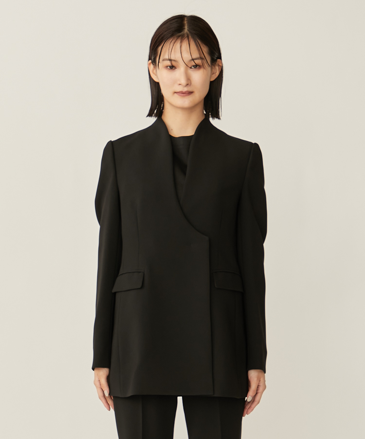 Collarless Double Breasted Suit Jacket